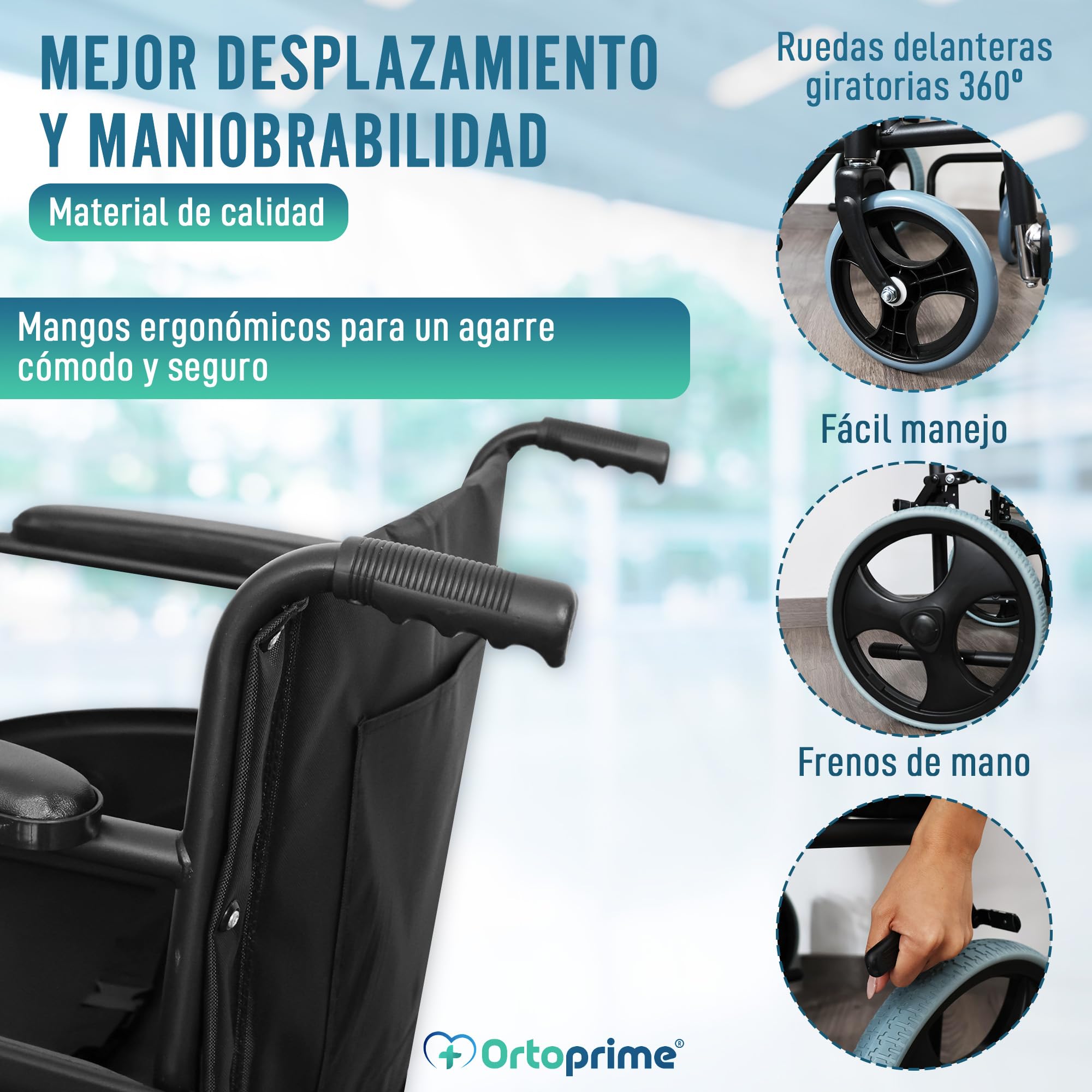 OrtoPrime Silla de Ruedas PLEGABLE Ligera - Sillas de Ruedas para Adultos Wheelchair - Silla Ruedas Plegable LIGERA - Silla Ortopédica para personas Mayores - Silla ruedas ancianos - Marca Española