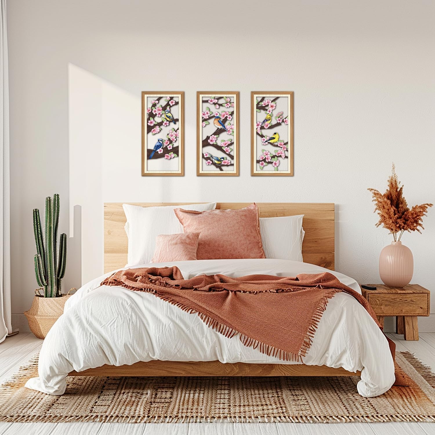 TOARTi 3PCS Framed Tree of Life Wall Art Spring Bird on Tree Branch Wall Decor Vivid Birds on Tree Branches Wall Sculpture Spring Flower Bird Hanging Sign Branch Birds Artwork For Living Room Decor 8”x16”