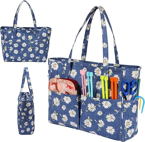 JOZEA Organizador de tejido multifuncional, organizador de bolsas de proyectos de hilo para ganchillos, agujas de tejer, proyectos de hilo