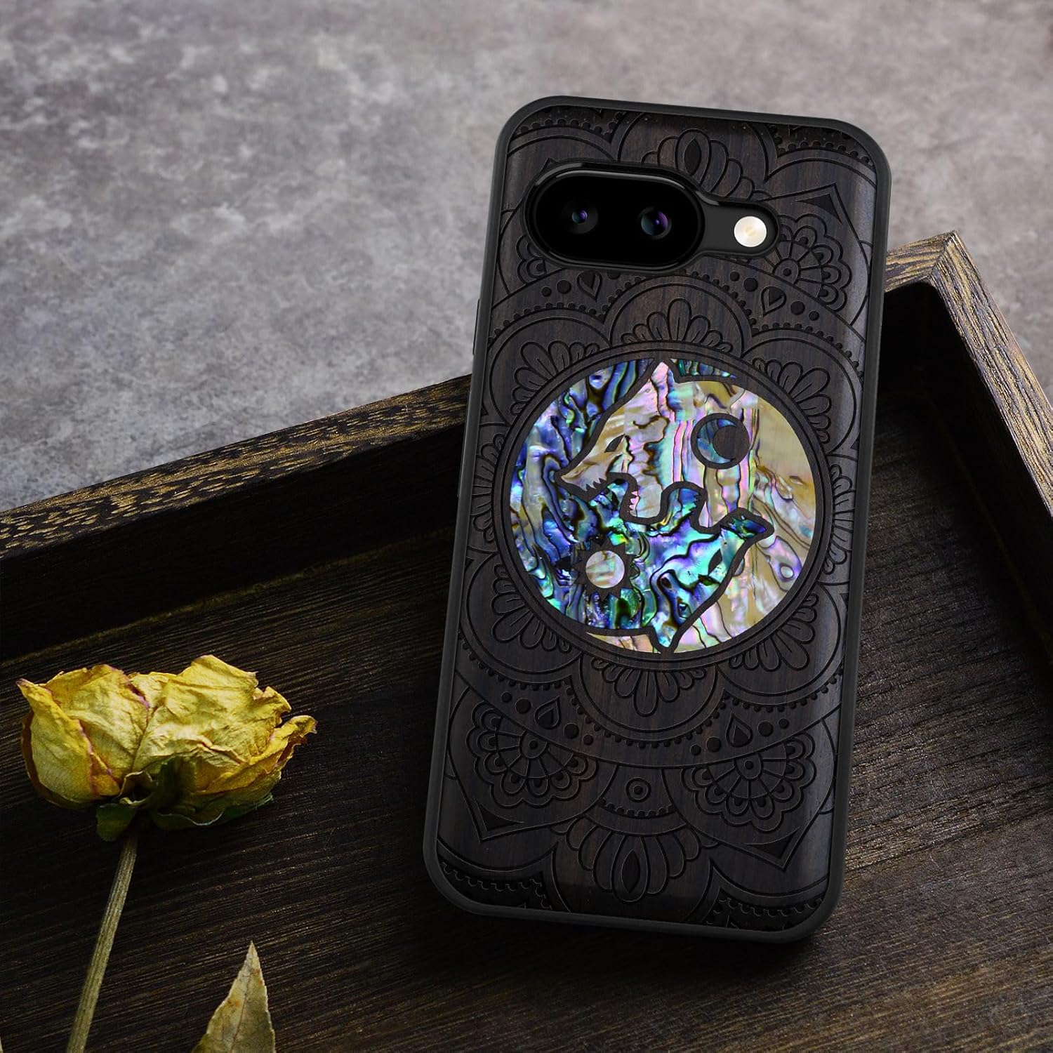 Carveit Magnetic Wooden Case for Google Pixel 9a Case, Wood Artisan Engraved & Handmade Shell Inlaid, Compatible with MagSafe Wireless Chargers (Shell Yin Yang Wolf) Blackwood