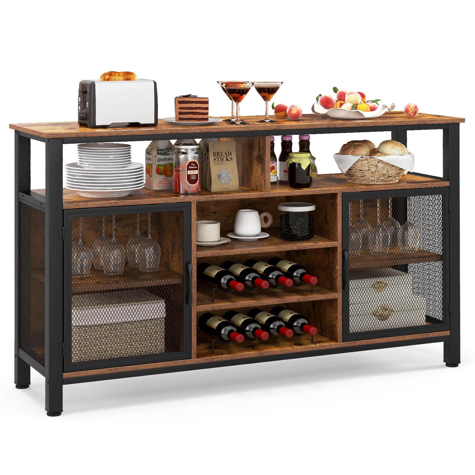 GOPLUS Mueble para Vinos, Estación de Café de 140 Cm con Estantes para 8 Botellas de Vino y Soportes para Copas, Aparador de Cocina con Almacenamiento para Comedor, Sala de Estar (Marrón)