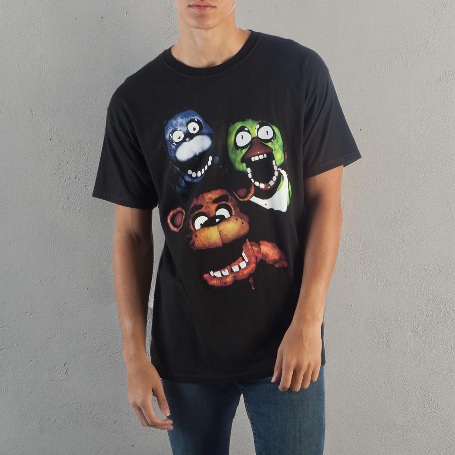 Bioworld FNAF Film Style Group T-Shirt, Creepy Animatronics Chica Bonnie Freddy Fazbear's Pizza, Black Fitted Tee - Image 3