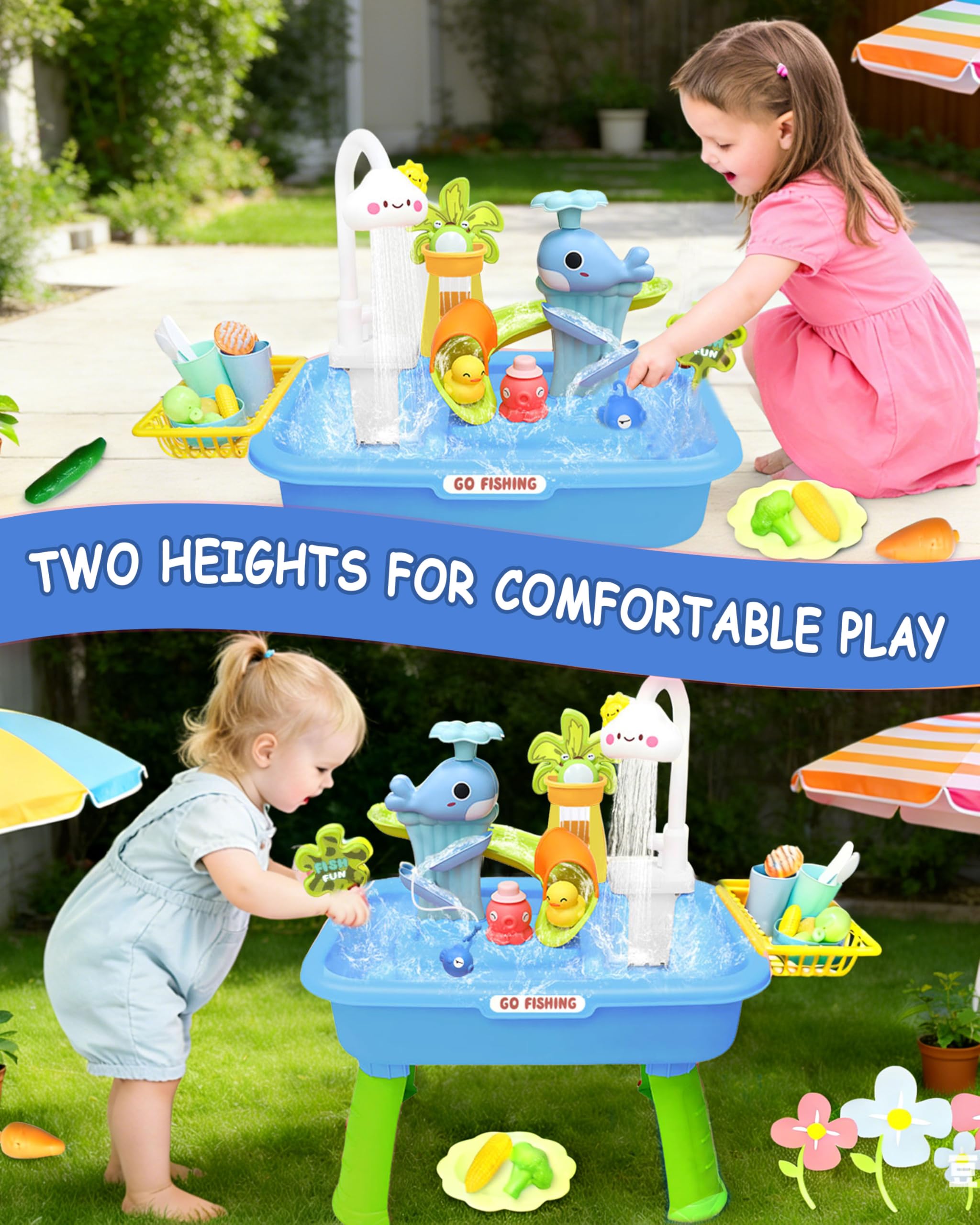 4-in-1 Electric Water Table for Toddlers 3-5, Kids Play Sink with Running Water & Cloud Faucet, Toddler Outdoor Water Table with Fishing Game & Accessories, Sensory Birthday Gift for Boys Girls ﻿ — view 4