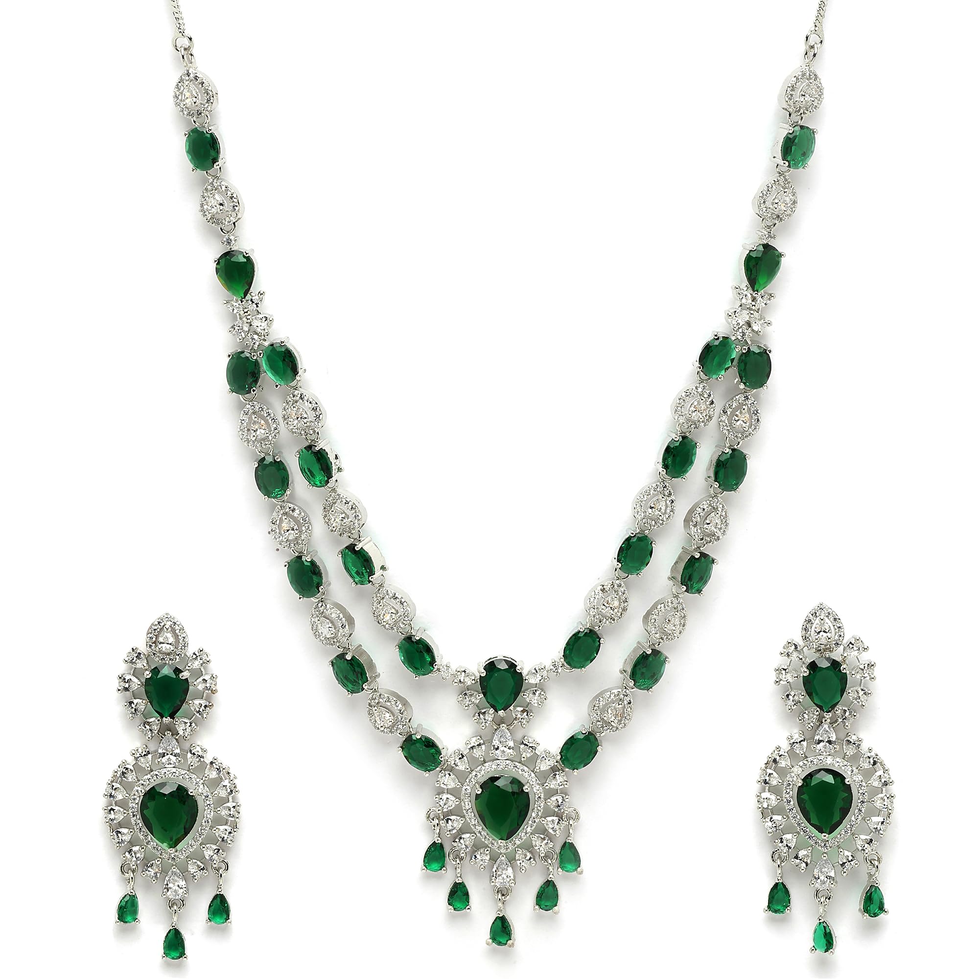Brass Jewellery Set American Diamond CZ Crystal Studded Emrald Green Studded Royal Necklace Jeweller Set For Women-image-32