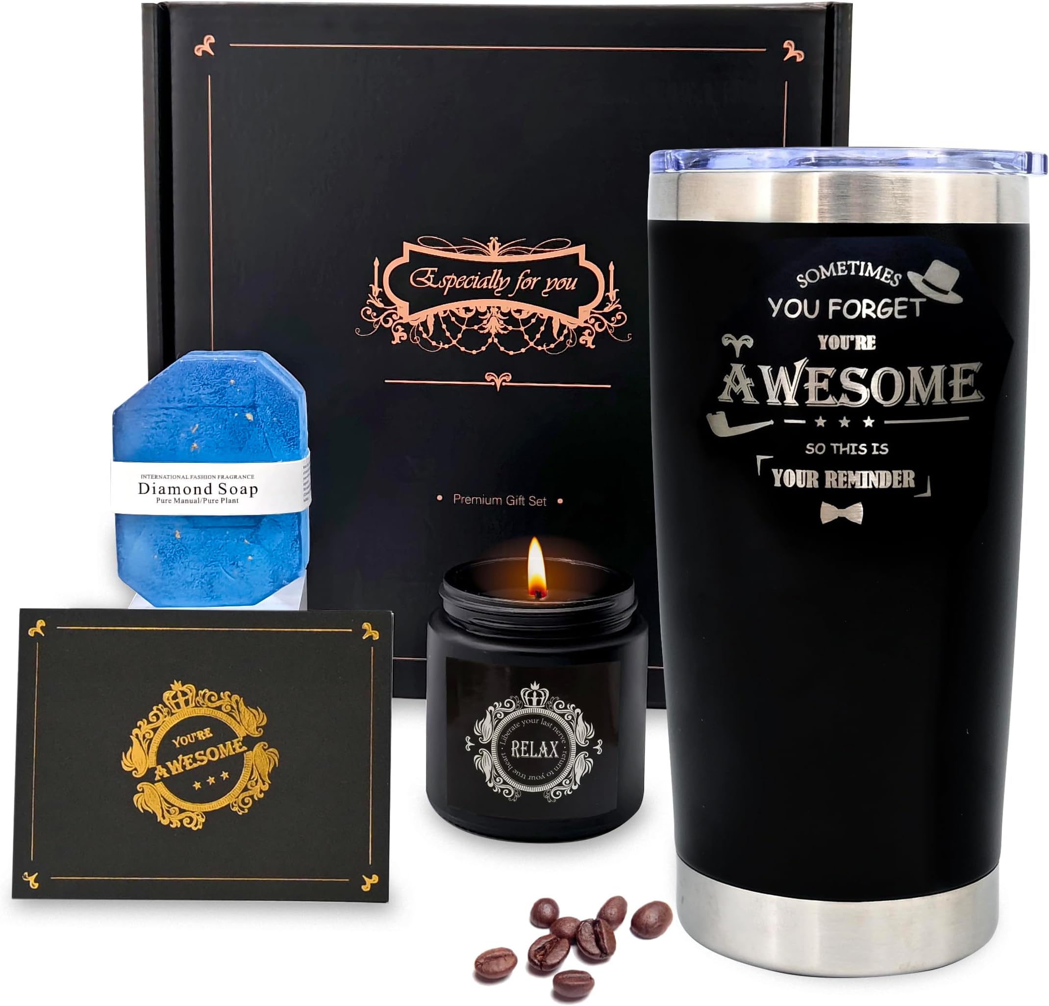 Karestcorp Christmas Gifts for Men, Birthday Gifts for Him, Father‘s Day Gift from Daughter Son Wife, Coffee Cup Travel Mug Men Gifts Set, Gifts for Dad Husband Grandpa, Candle Relax Presents