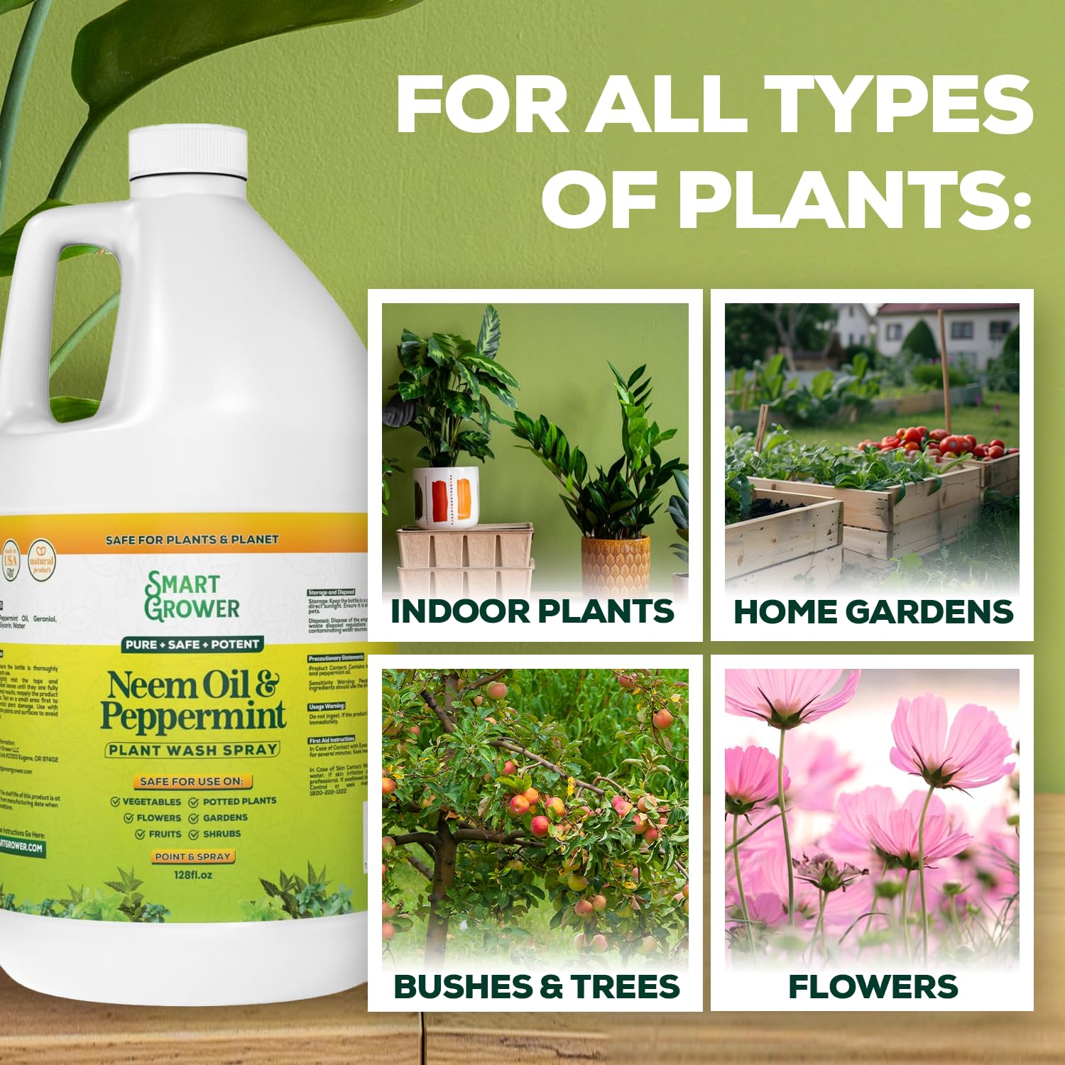 Spray de aceite de neem para plantas con aceite de menta, plantas de interior y exterior, 128 onzas | Lavado natural para plantas, repuesto listo para usar, Smart Grower
