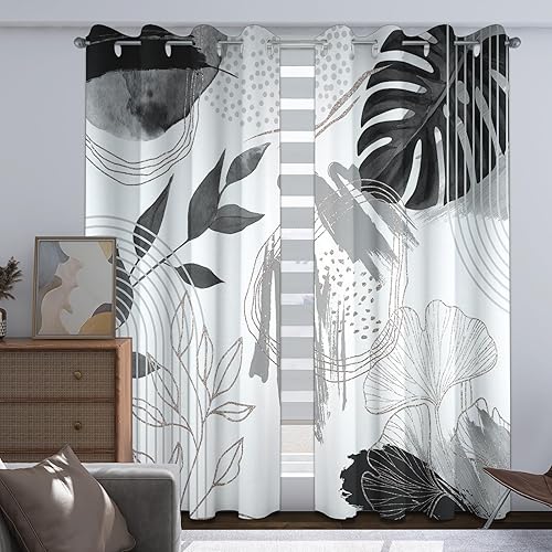 Cortinas opacas bohemias de hojas grises y blancas, bohemias de mediados de siglo, modernas cortinas de ventana de palma negra y gris para