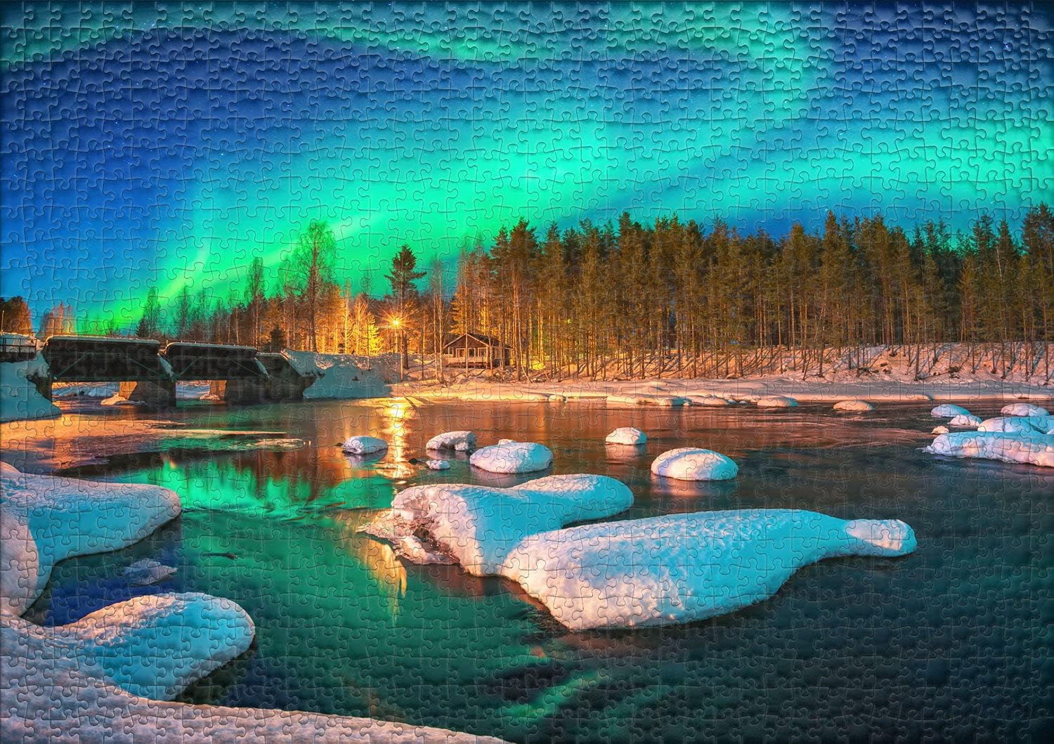 Ulmer Puzzleschmiede - Puzzle "Lonely Lights" - Classic 1000 Piece Puzzle - Winter Scandinavian Landscape at Night - Polar Lights over lonely hut at the edge of the Arctic - Image 3