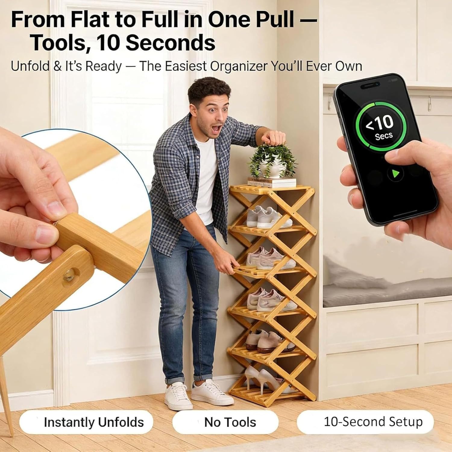 The 9-Tier No-Assembly Bamboo Rack: Foldable Vertical Wooden Shoe Rack, Space-Saving Narrow Shoe Shelf for Small Spaces, Multifunctional Shoe Tower Organizer (Wood Color, 9)