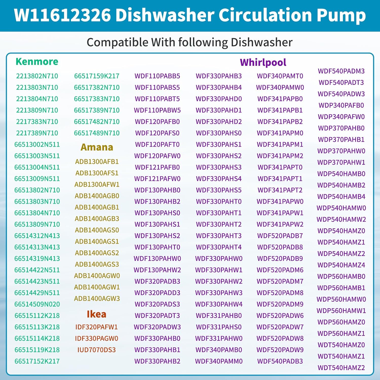 W11612326, W10805386 Dishwasher Circulation Pump Compatible with whirlpool, kenmore, amana: WDF330PAHB4 WDF330PAHS3 WDF330PAHS5 etc. Replace Dishwasher Pump W10879262, W11521435, AP7193729 etc