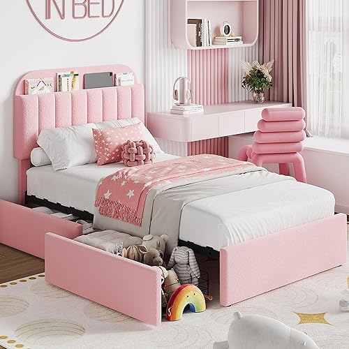 Garvee Twin Size Bed Frame with 2 Flexible Drawers, Boucle
