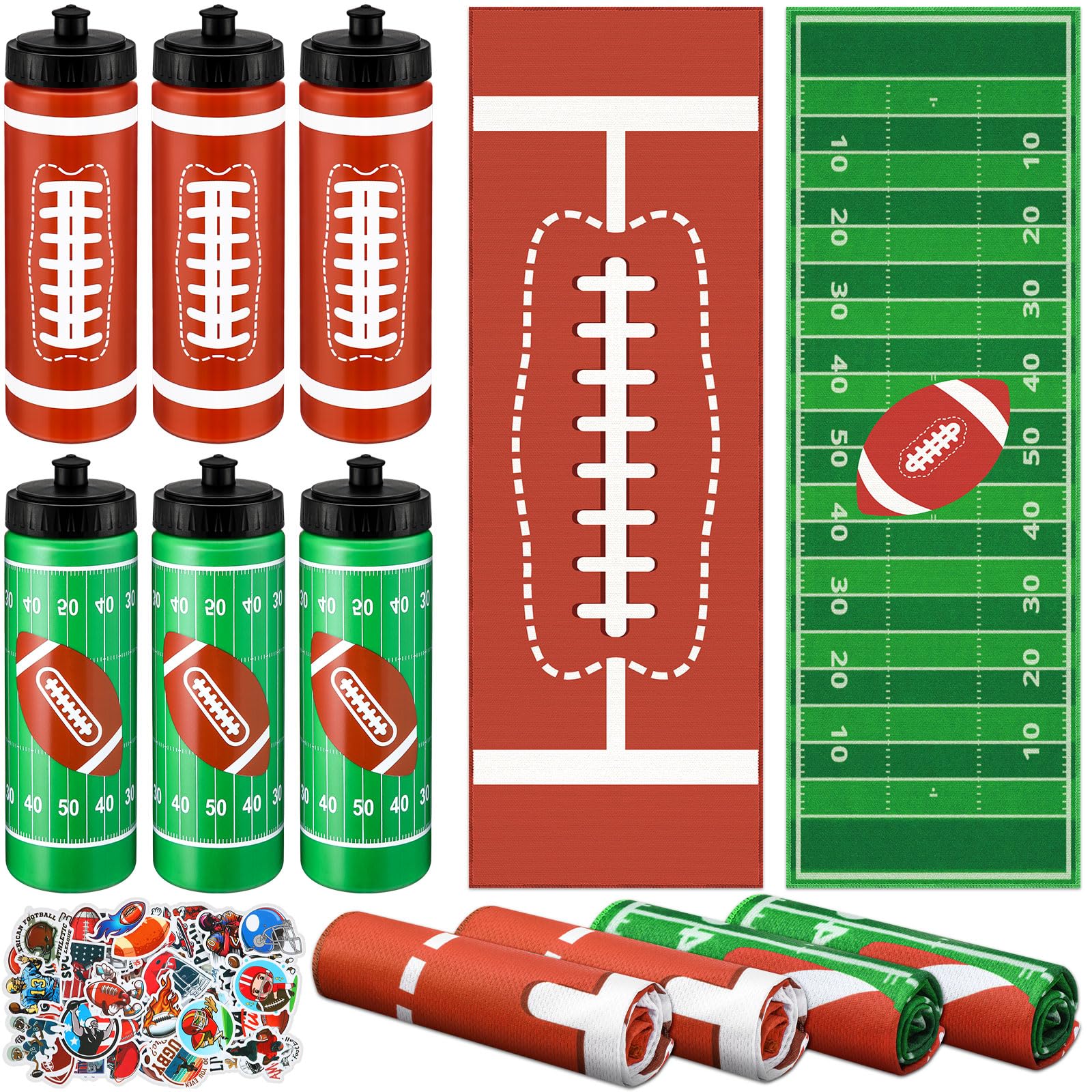 FuWeave 12 Pcs Football Water Bottle Football Cooling Towel Set with 50 Sticker Sports Party Favors Include 6 Reusable Sports Squeeze Water Bottle 6
