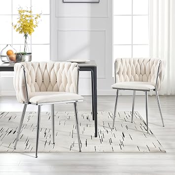 Velvet Dining Chairs Set of 2, Woven Upholstered Dining Chairs, Luxury Leisure Armchair, Modern Accent Chairs with Silver Metal Legs for Dining Room, Kitchen, Living Room Beige