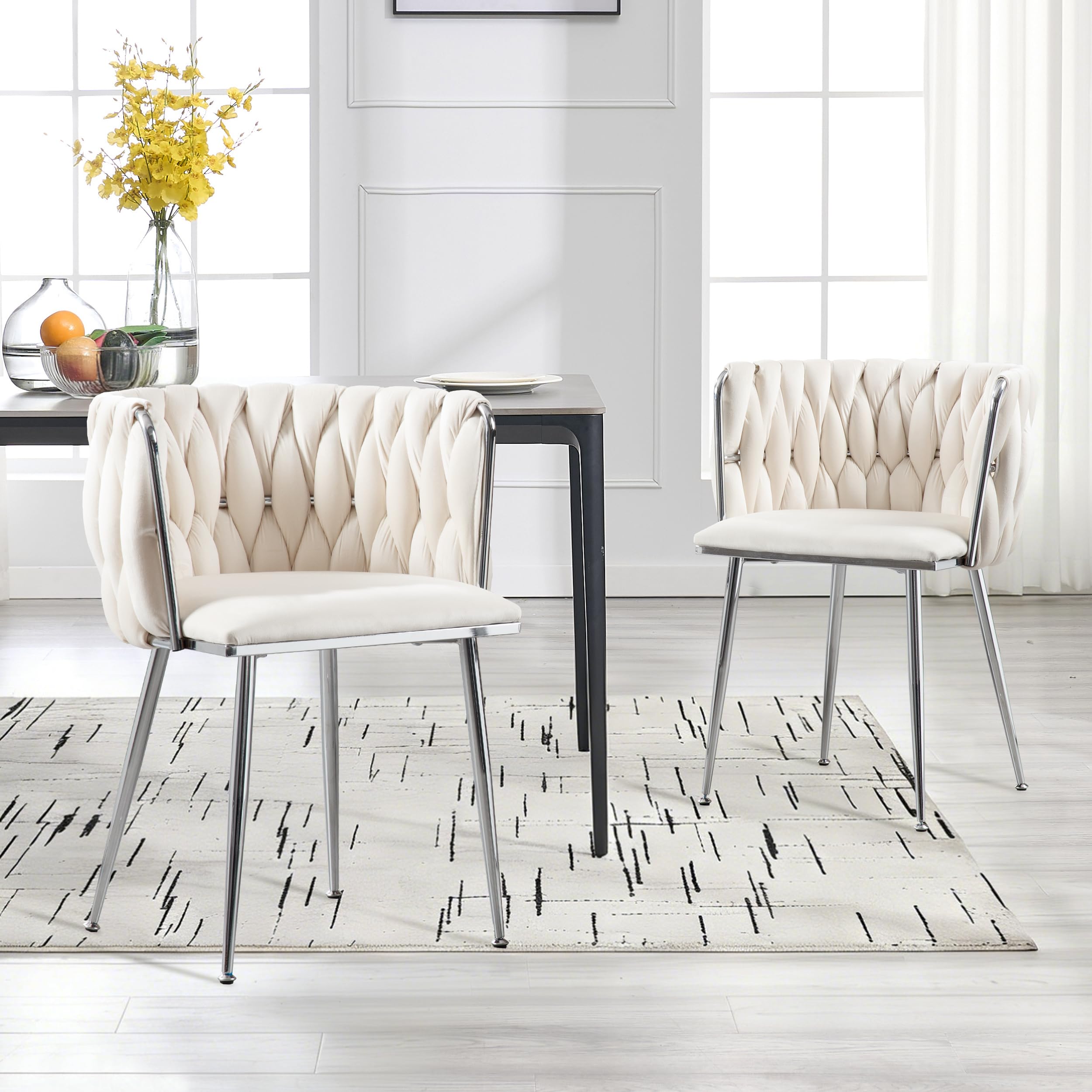 Haplized Velvet Dining Chairs Set of 2, Woven Upholstered Dining Chairs, Luxury Leisure Armchair, Modern Accent Chairs with Silver Metal Legs for