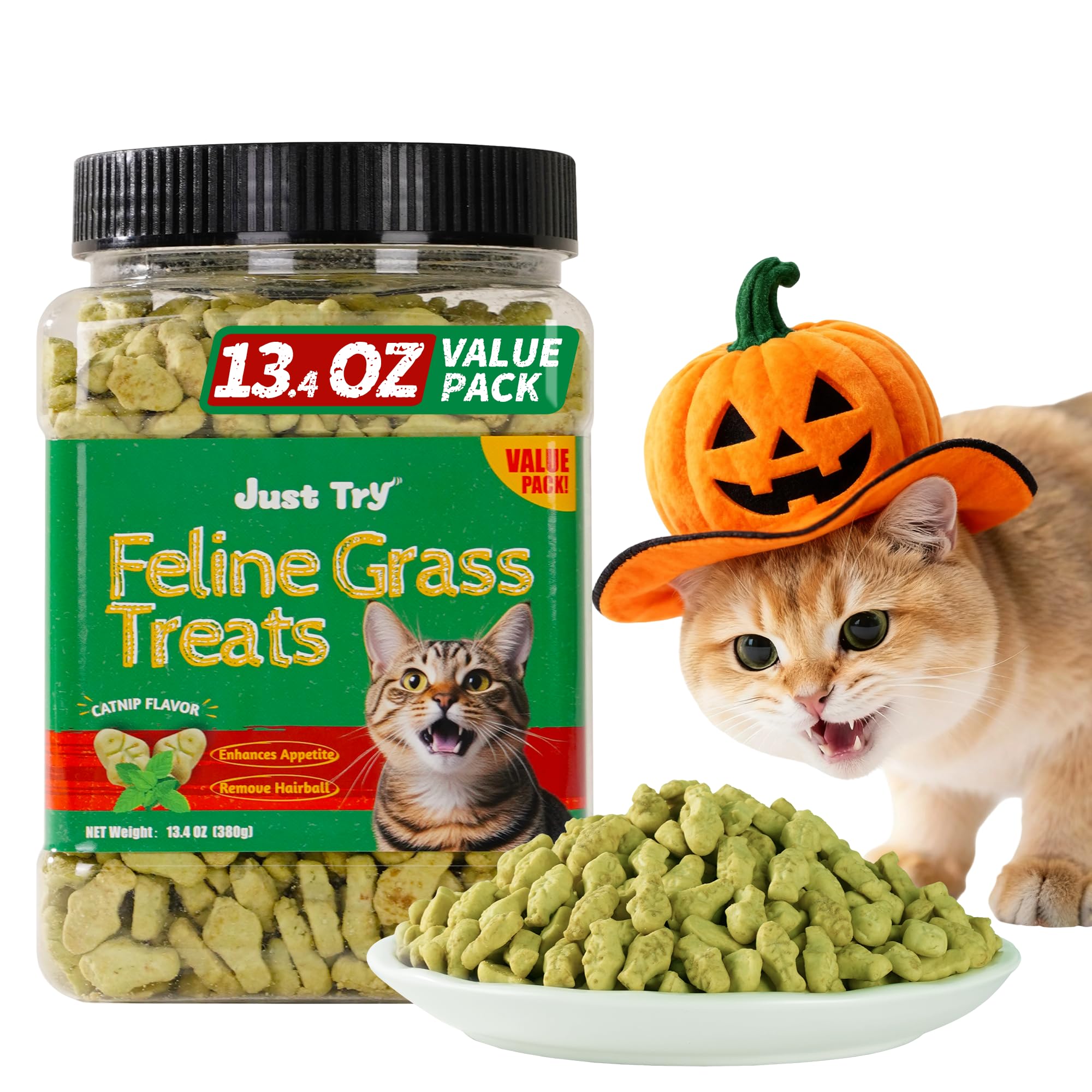 Just Try 13.4 OZ Cat Treats for Indoor Cats Hairball Control Natural Salmon Healthy Cat Grass Treats Kitten Snacks Training Biscuits Catnip for Cats Dental Care