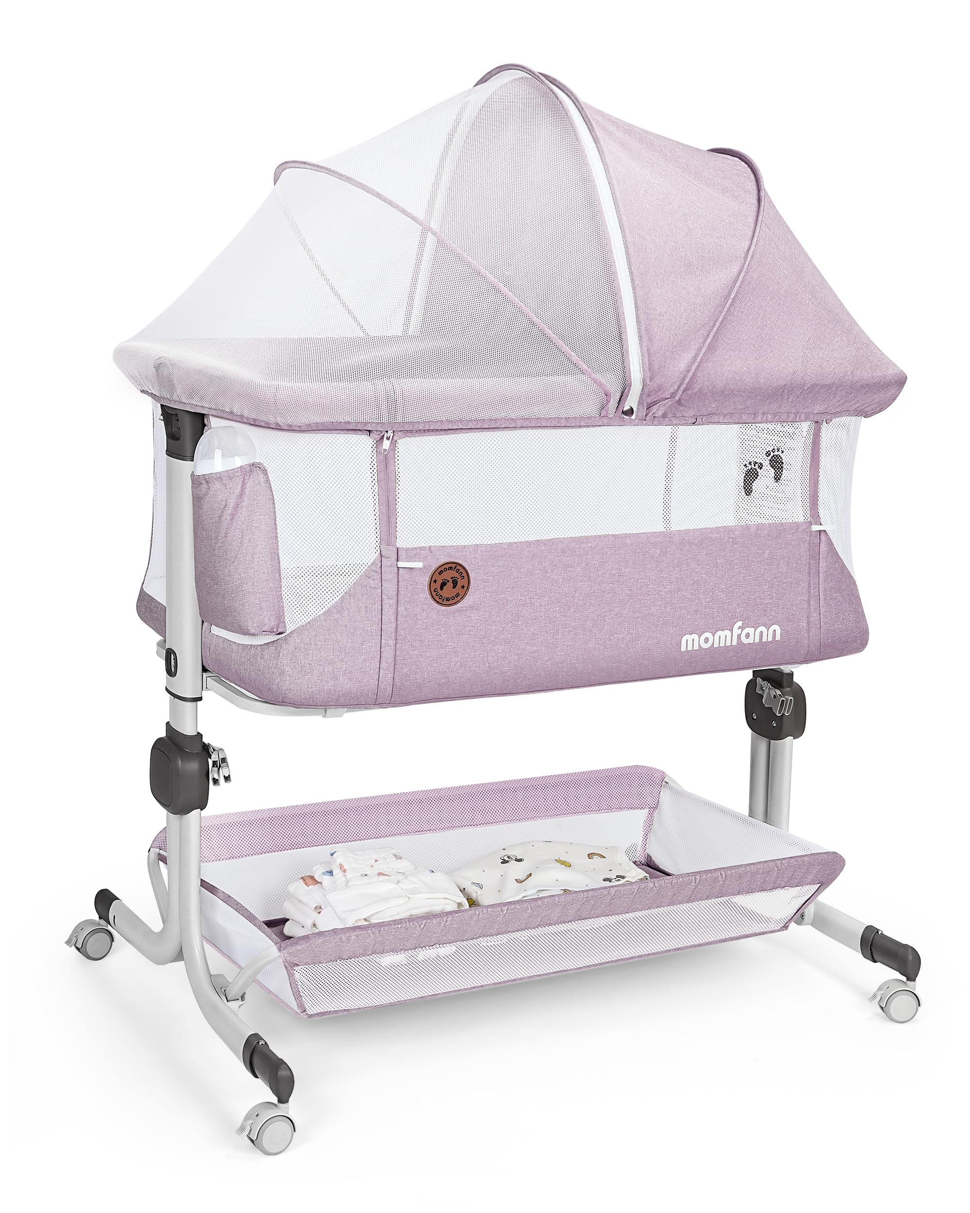 MOMFANN Baby Bassinet Bedside Sleeper, Upgraded Stability Bedside Crib with Full Mesh Sides, Soft Sheet, 6-Height Adjustment, Storage Basket, Easy