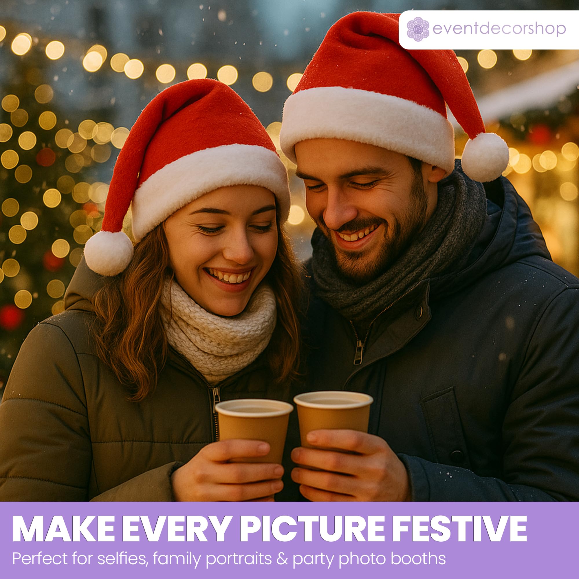 Event Decor Shop 100 sombreros de Papá Noel para adultos y niños, sombreros clásicos de Navidad de terciopelo rojo, accesorios de disfraz de fiesta de Navidad de felpa suave, decoraciones a granel de