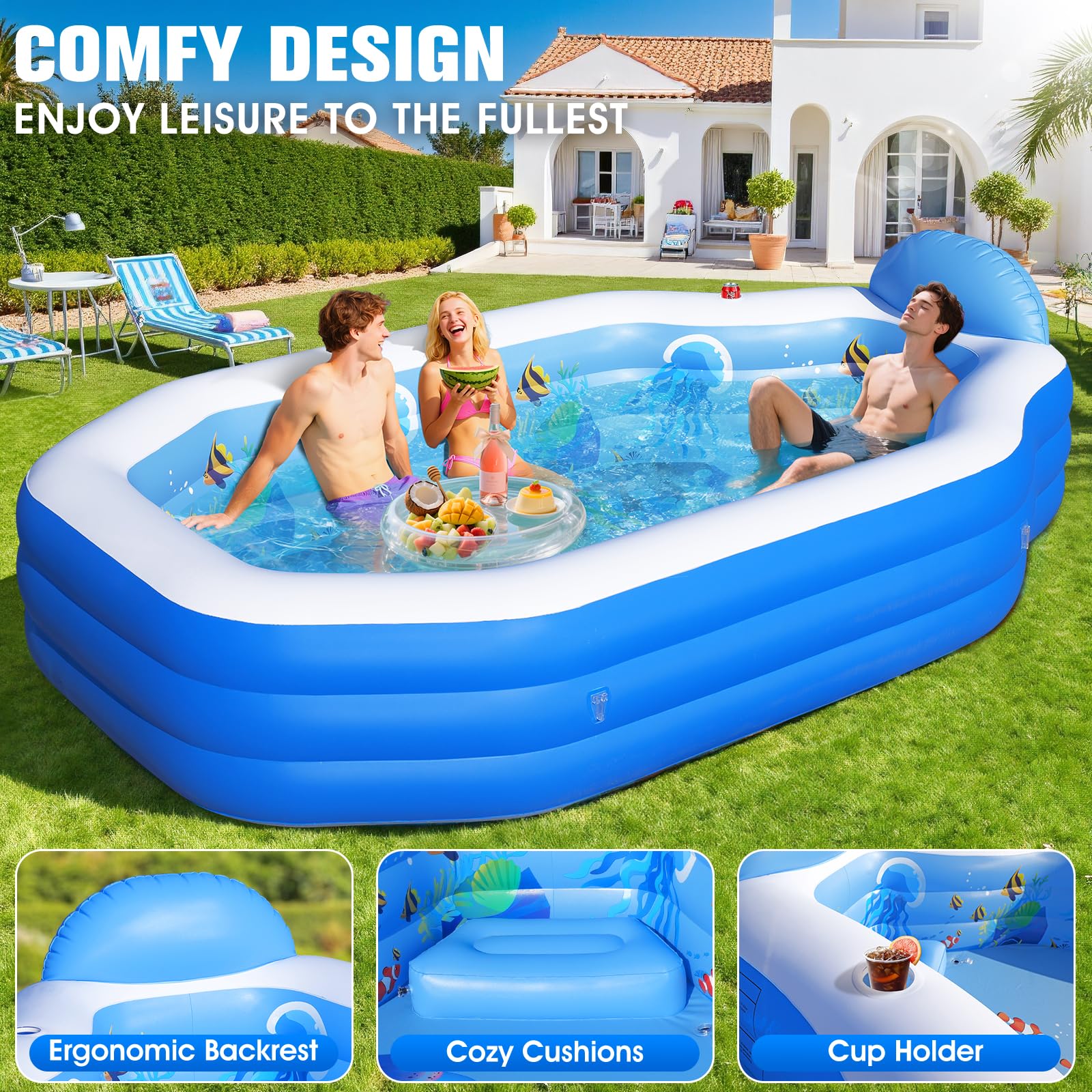 ChlorBlu Piscina Hinchable Grande con Toldo, 300x190x55cm Piscina Hinchable Adultos, Piscinas Hinchable Rectangular Resistentes y Gruesas, Piscinas Hinchable Familiar para Jardín Exterior