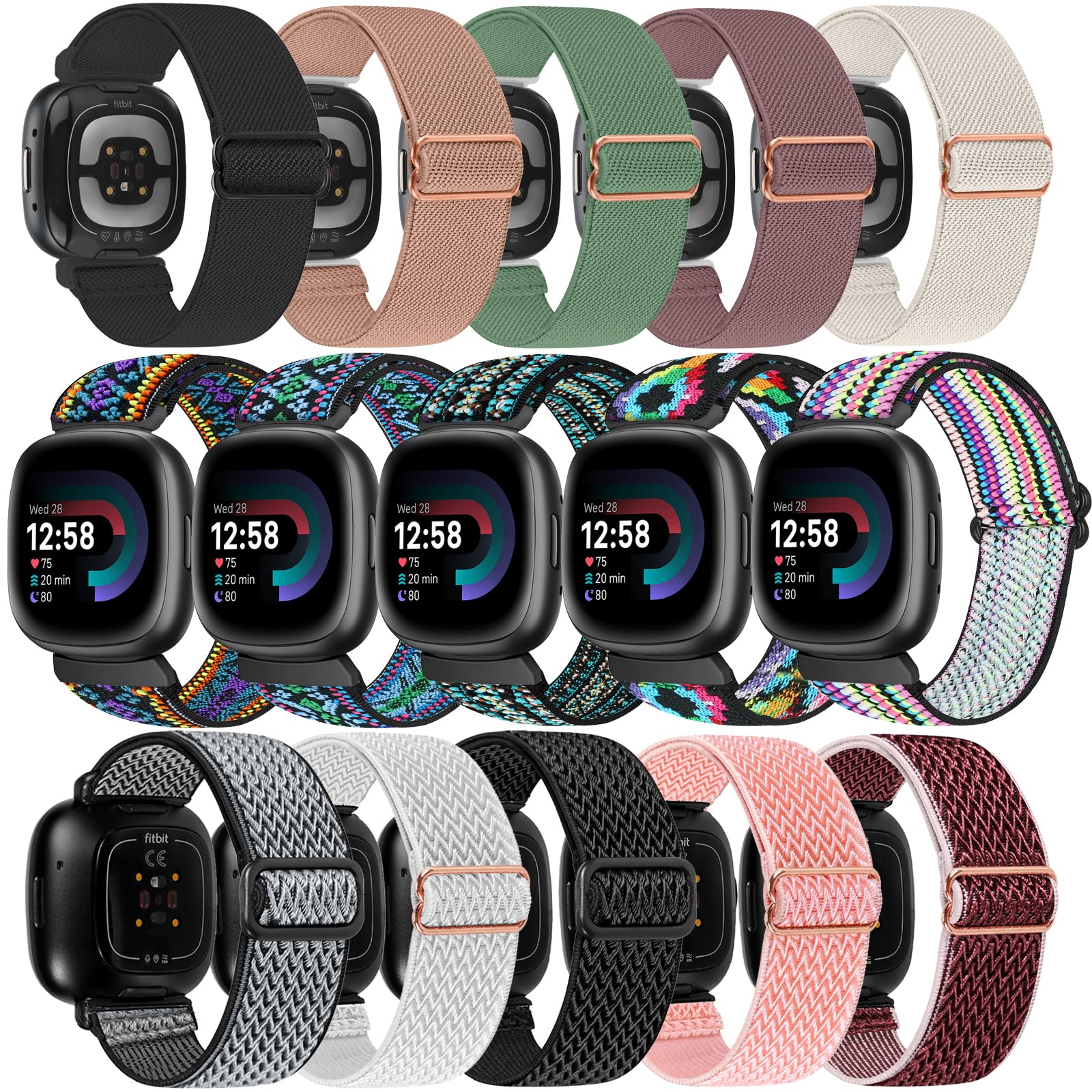 15 Pack Nylon Solo Loop Band Compatible with Fitbit Sense / Versa 3 / 4 Bands, Adjustable Sport Stretchy Replacement Straps for Women & Men