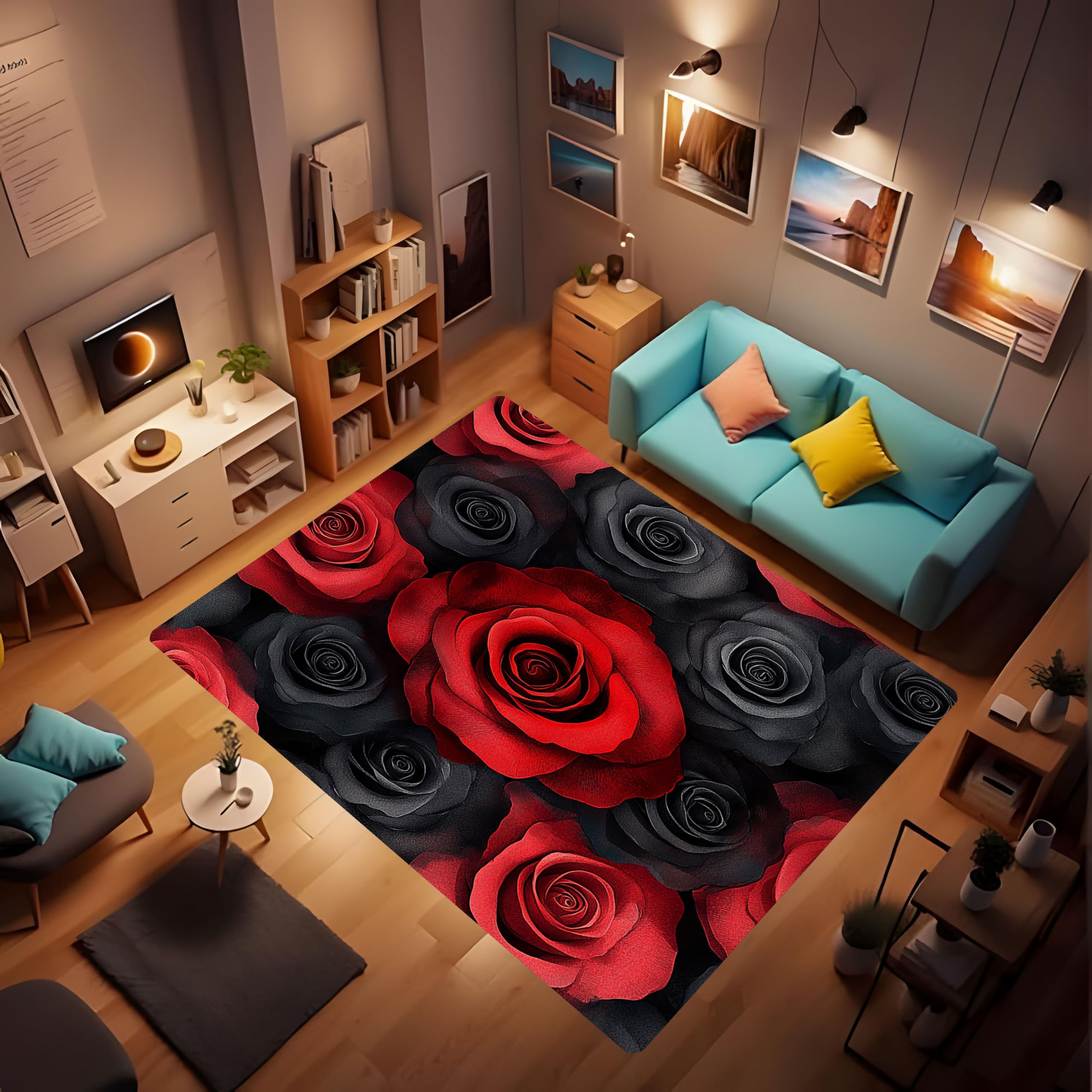 Rose area rug - red and black rose seamless print floral rug, soft and comfortable flannel fabric non-slip bedroom rug, breathable durable washable
