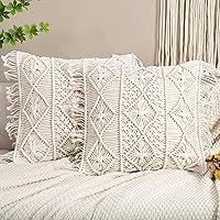 Homesunshine Boho Macrame Pillow Covers Set of 2 - 18x18 Ivory Cotton Fringe Throw Cushion Cases, Handmade Decor