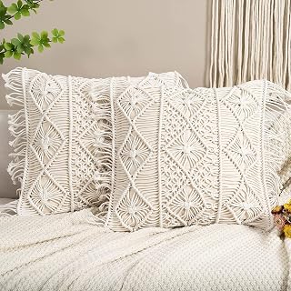 Homesunshine Boho Macrame Pillow Covers Set of 2 - 18x18 Ivory Cotton Fringe Throw Cushion Cases, Handmade Decor