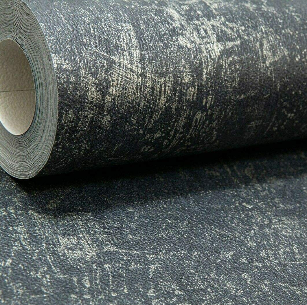 Muriva Charcoal, Gold Travis Texture Charcoal Wallpaper Black Gold Metallic Silver Distressed Industrial