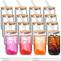NETANY 16 Pack 16oz Glass Cups with Bamboo Lids & Straws - Customizable Iced Coffee Tumblers, Durable Drinking Glasses for Tea, Gifts & Parties