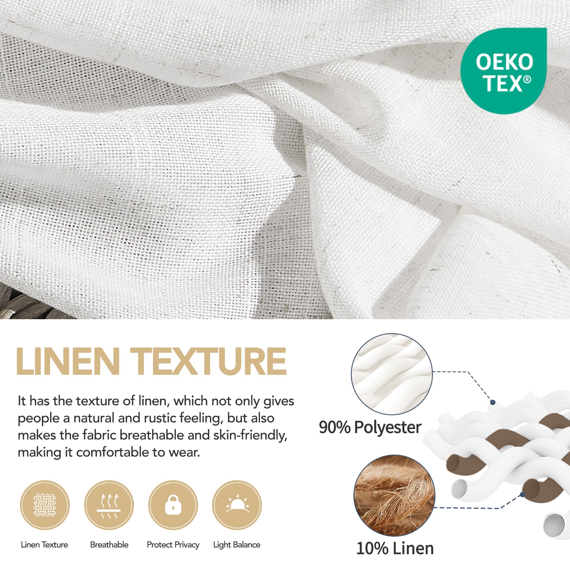 Deconovo Linen Look Net Curtains for Windows Semi Sheer Voile Curtains with Eyelets, 55 x 72 Inch, White with Natural Fleck - Image 2