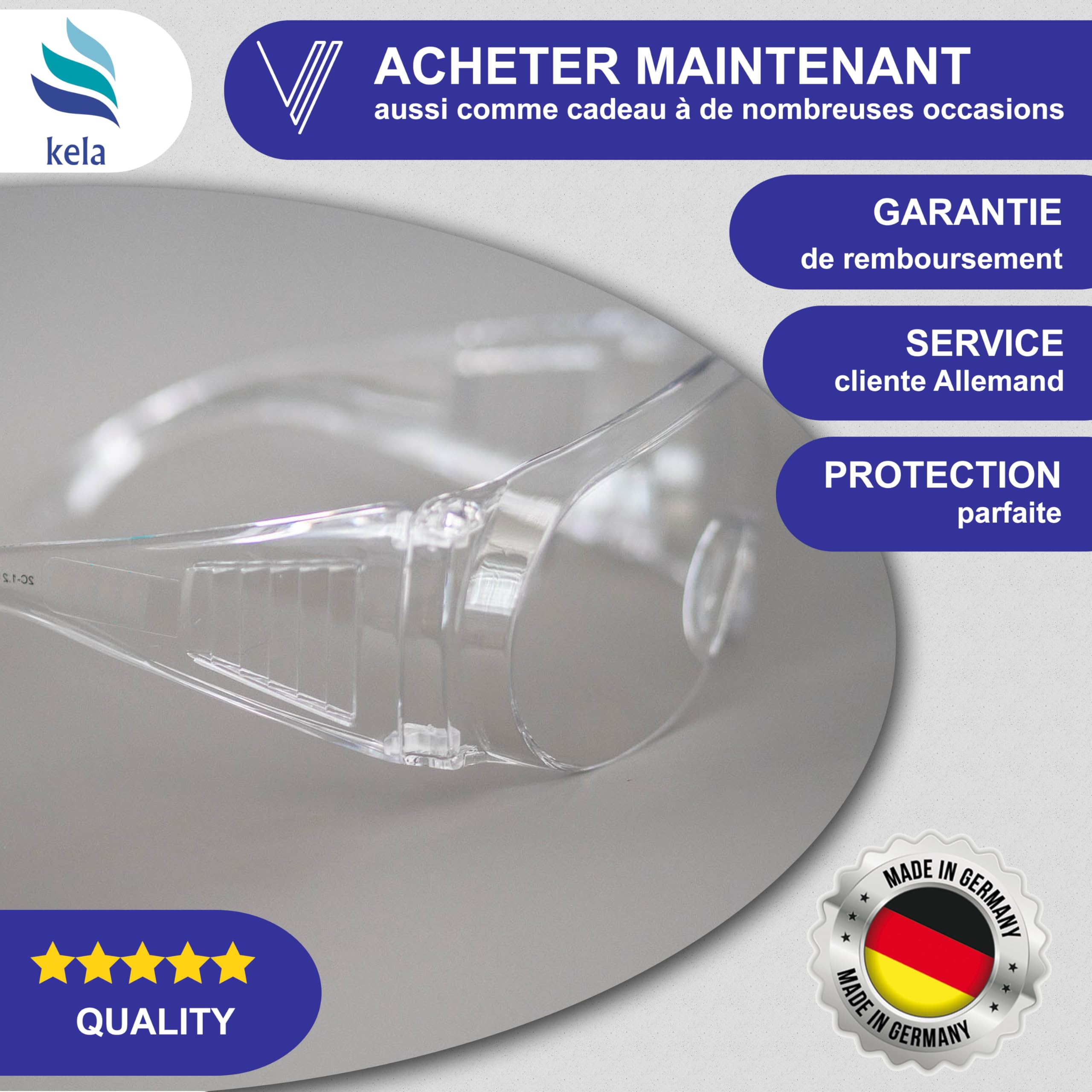 kela 12x Lunettes de protection P1S1 I Fabriqué en Allemagne | Lunettes de sécurité sans éclats avec revêtement anti-buée I légères et transparentes I Surlunettes pour porteurs de lunettes