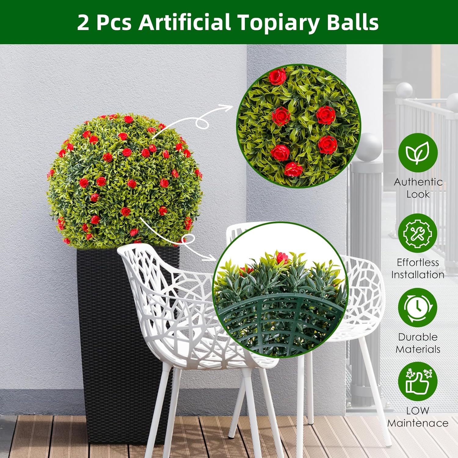 2 Pack 20.5" Artificial Boxwood Topiary Balls with Red Flowers - Realistic Faux Greenery for Porch, Patio, Balcony Decor - Outdoor/Indoor Hanging Plants, Wedding & Home Decoration