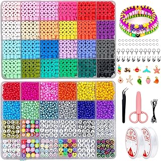 7655 PCS Clay Beads Bracelet Making Kit - 4800 PCS 6mm Flat Beads Polymer Clay Beads, 2000 PCS 4mm Glass Seed Beads Pony Beads, 720 PCS Letter Beads for Jewelry Making (24COLOR-Clay-Bead)