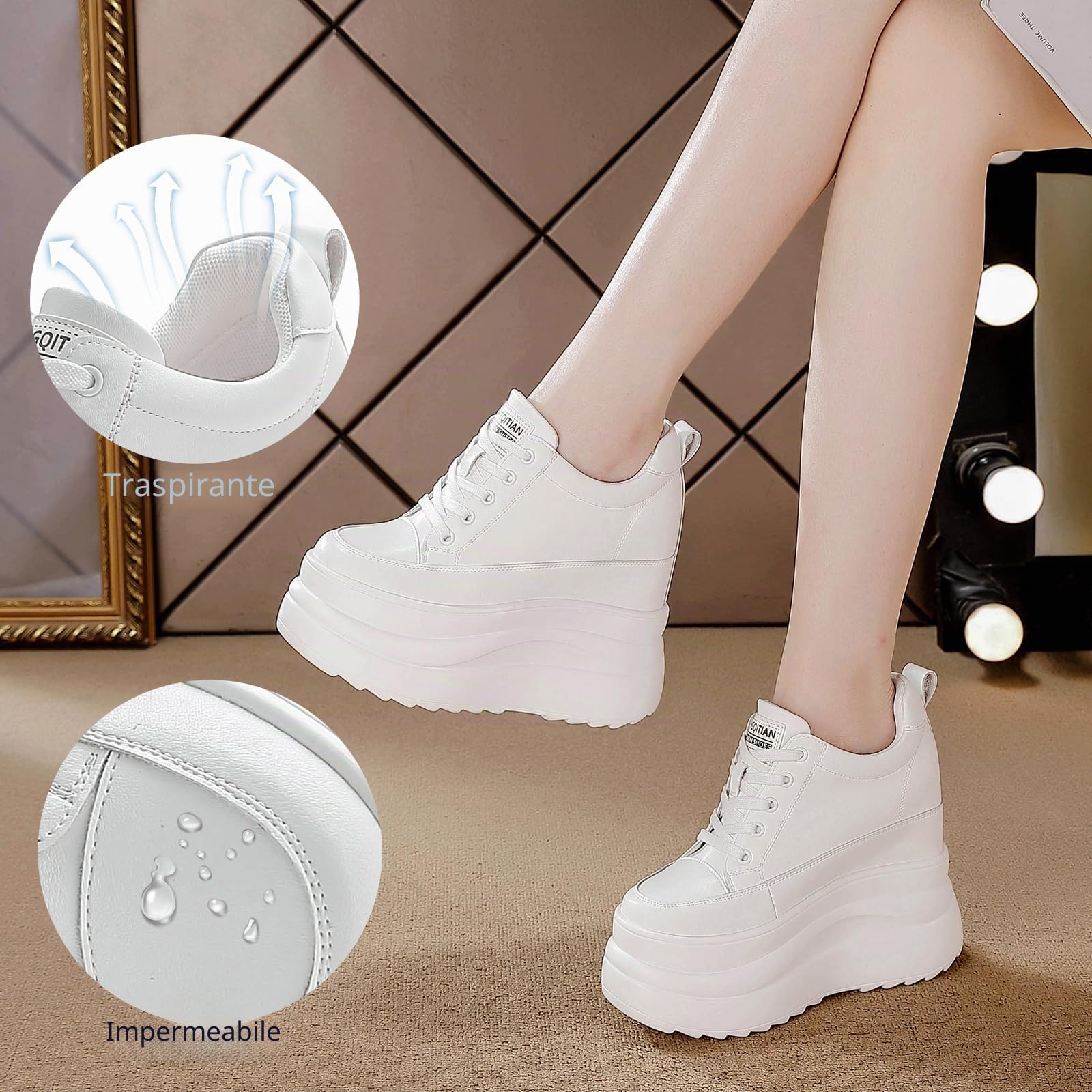 AONETIGER Sneakers Zeppa Donna Pelle Leggere Tacco Interno 13 CM Gr.34-40EU | Lacci Wedges Sportive | Moda Casual Comode Antiscivolo | ideali per fitness, Tutti i giorni, Ufficio e Tempo libero