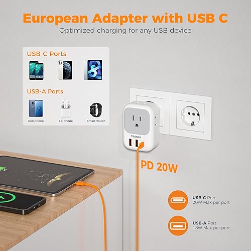 Miniatura 73 de Adaptador de enchufe de viaje para Italia, paquete de 2, adaptador de corriente TESSAN Italia con 4 tomacorrientes, 3 cargadores USB