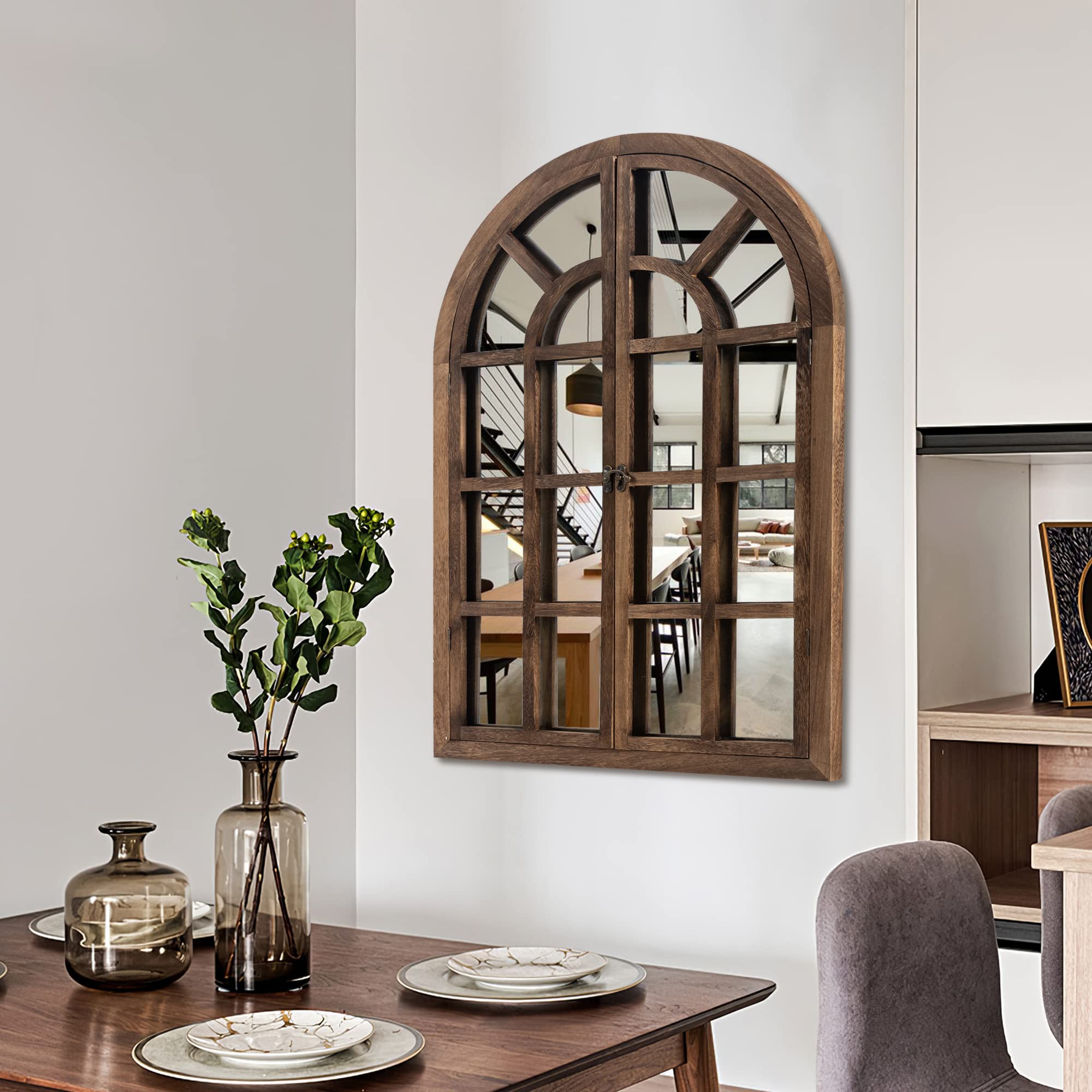 NeuType Window Mirror, Arched Wall Mirror, 36"x 24" Farmhouse Mirror, Decorative Wall Mirrors Like Window, Wood Framed Mirror Wall Decor for Living Room, Entryway, Bedroom, Charcoal Grilled