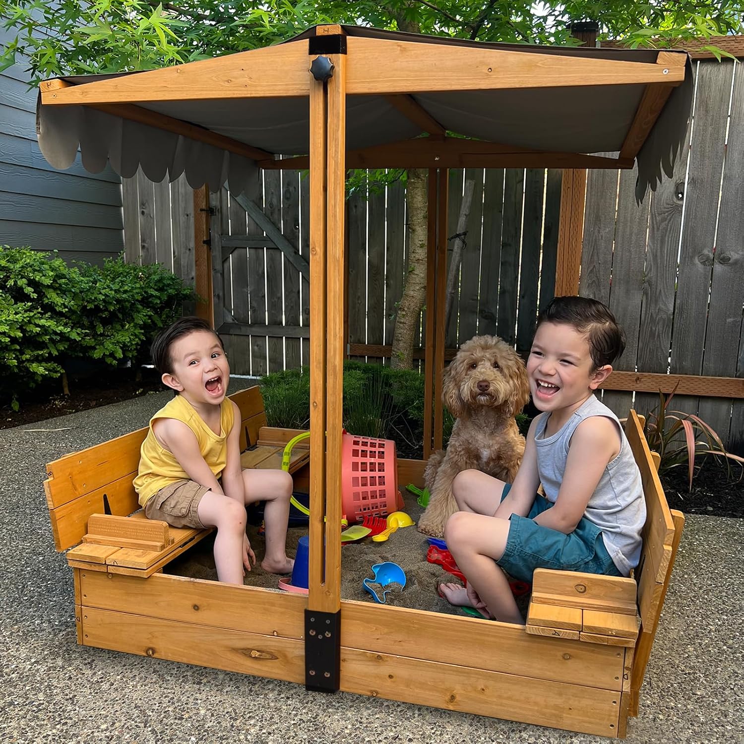 GUTINNEEN Sandbox with Lid and Cover for Kids Outdoor with 2 Foldable Bench Seats, Adjustable Canopy and Sand Protection Liner, 47.2" L x 47.2" W x 51.9" H, (Blue)