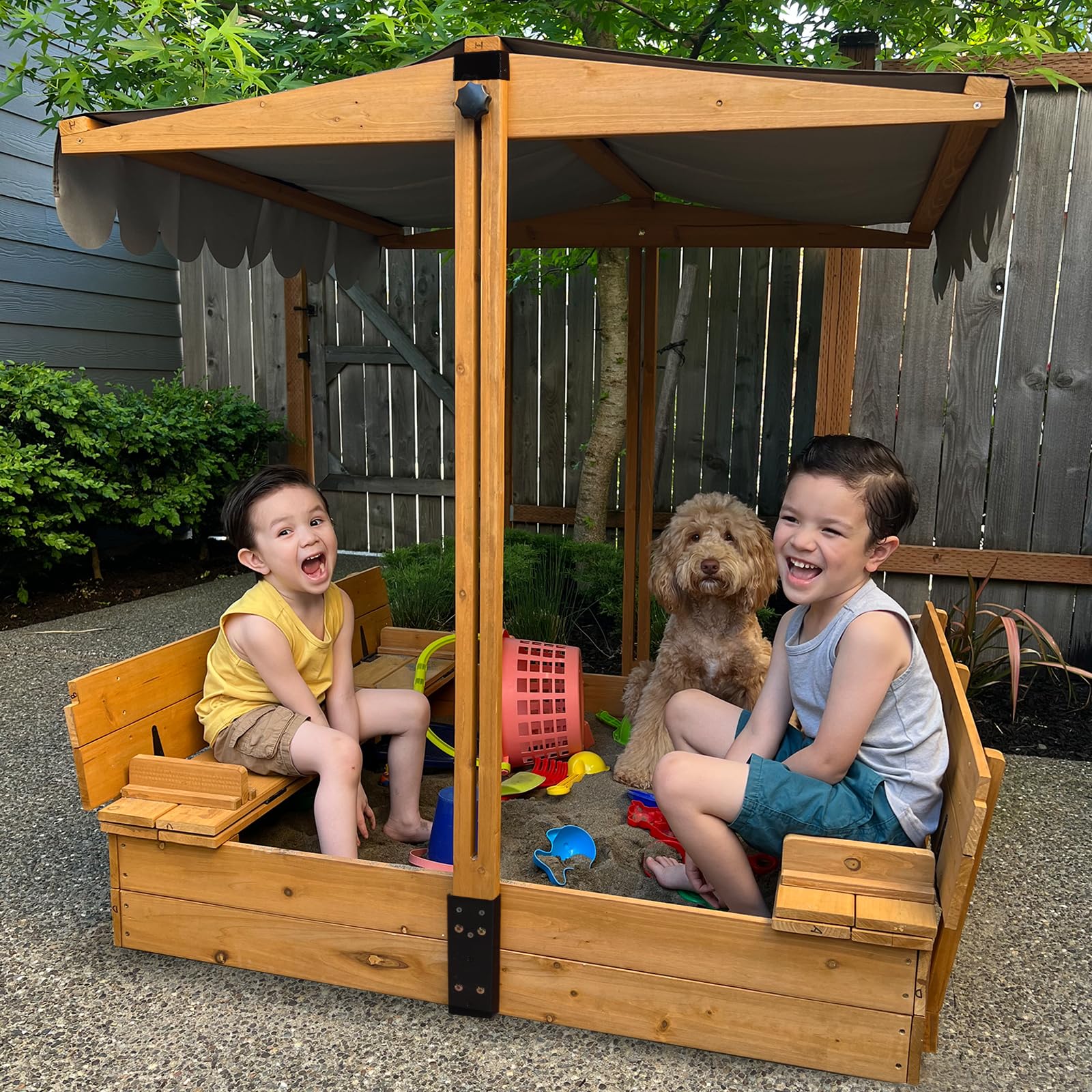 GUTINNEEN Sandbox with Lid and Cover for Kids Outdoor with 2 Foldable Bench Seats, Adjustable Canopy and Sand Protection Liner, 47.2" L x 47.2" W x