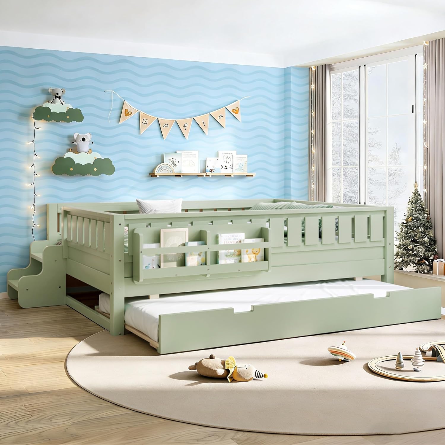 Bellemave Full Size Montessori Bed with Trundle & Bookshelf, Kids Full Bed Frame with Safety Rails & Stairs for Girls Boys, Avocado Green