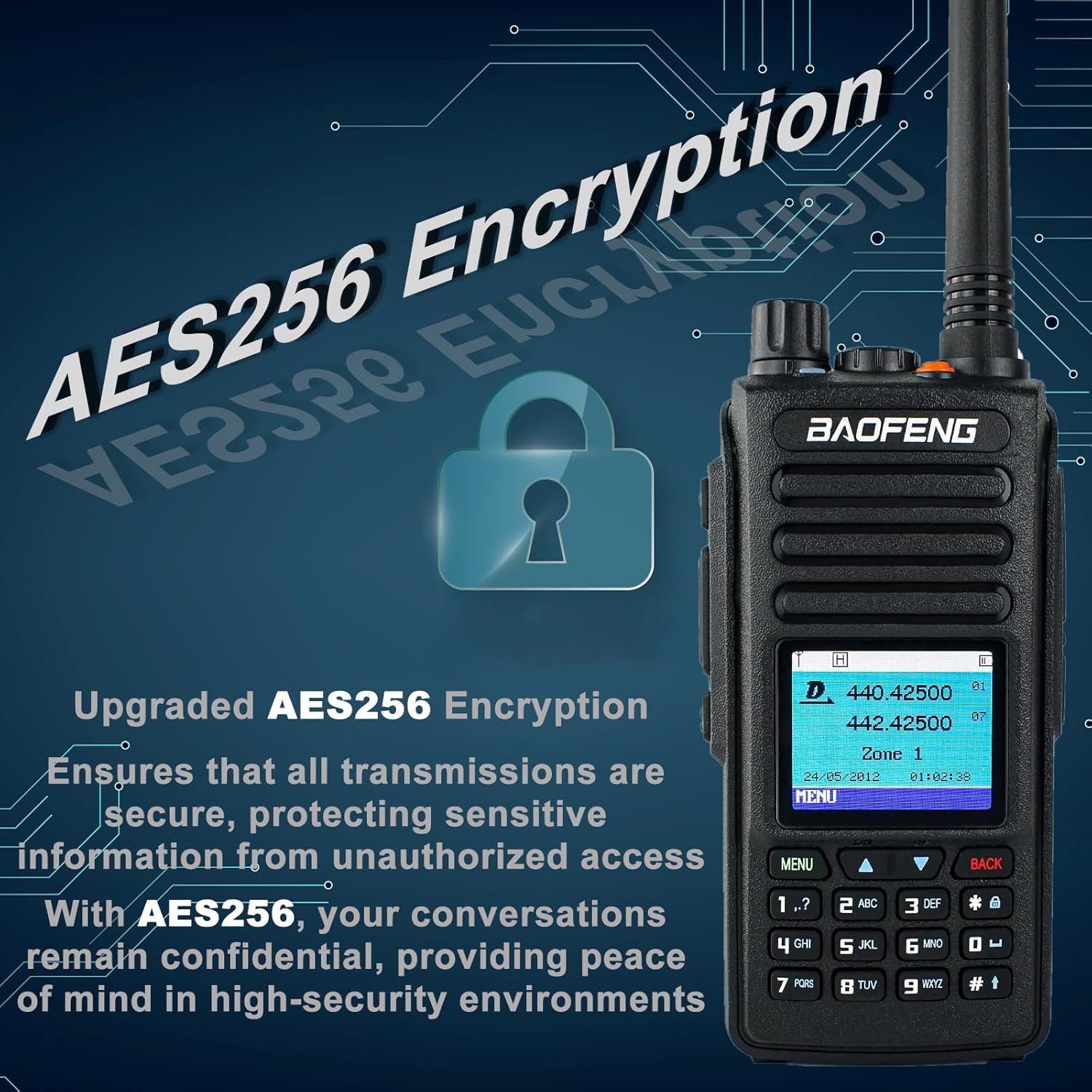 BAOFENG DM-1702 radio with AES256 Encryption lock icon