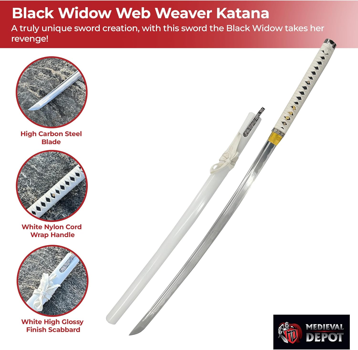 MedievalDepot Handmade Katana - White, 27" High Carbon Steel Blade, White Scabbard & Bag