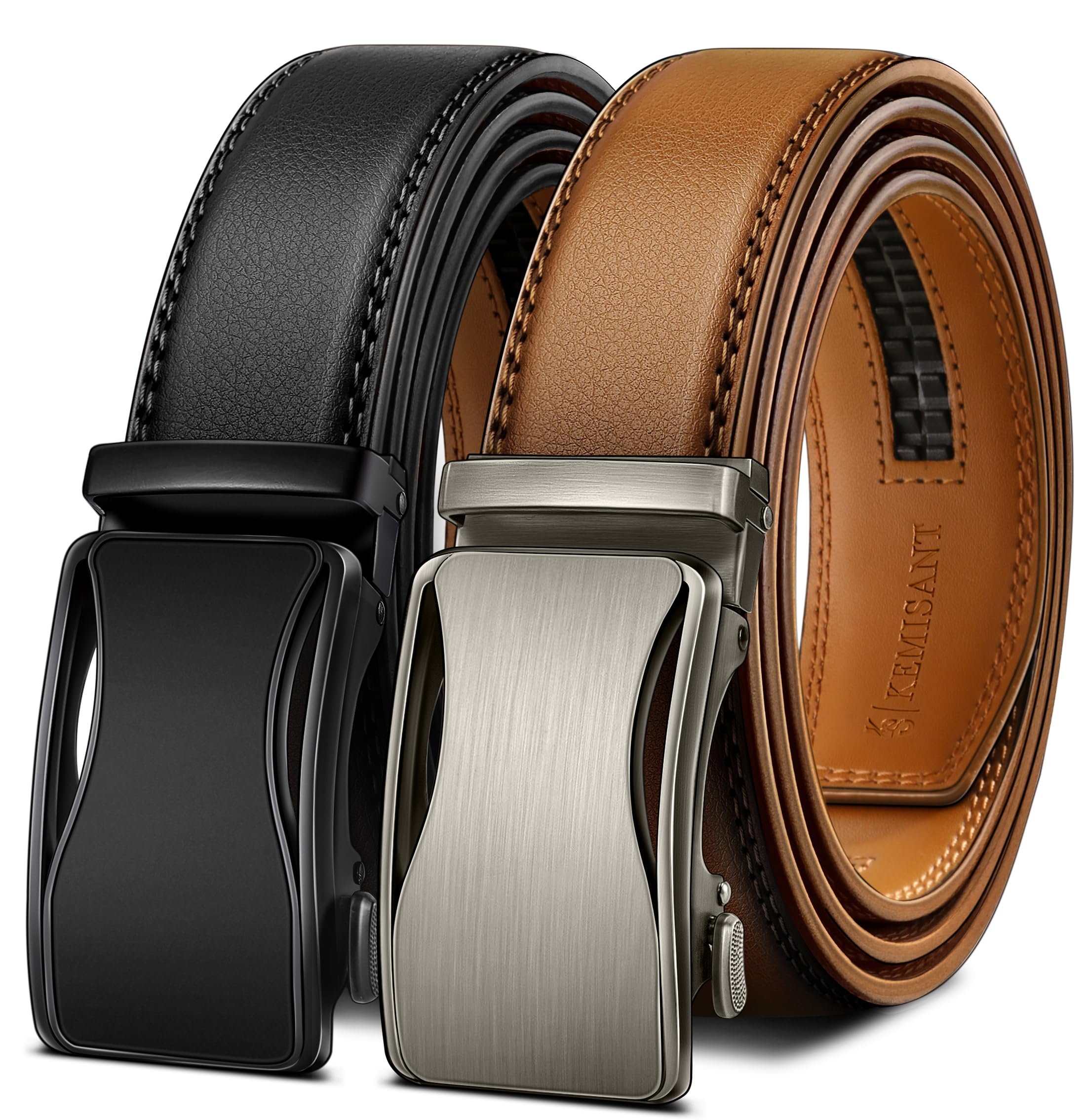 KEMISANT 2-Pack Men's Ratchet Leather Belt Trimmable 1 3/8"-Gift Boxed