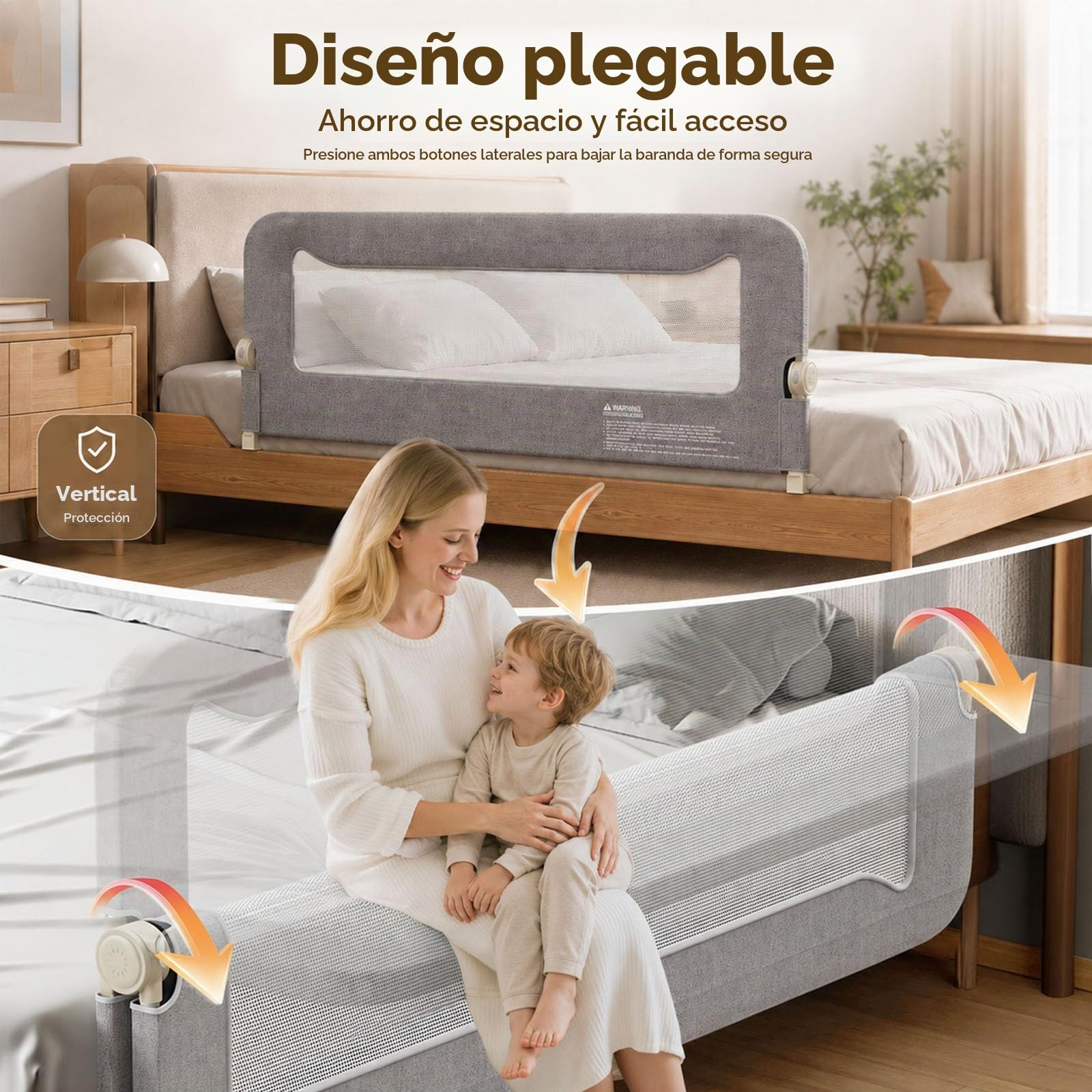Barandilla Cama Niño Plegable, 150cm Barrera Seguridad Niños Cama