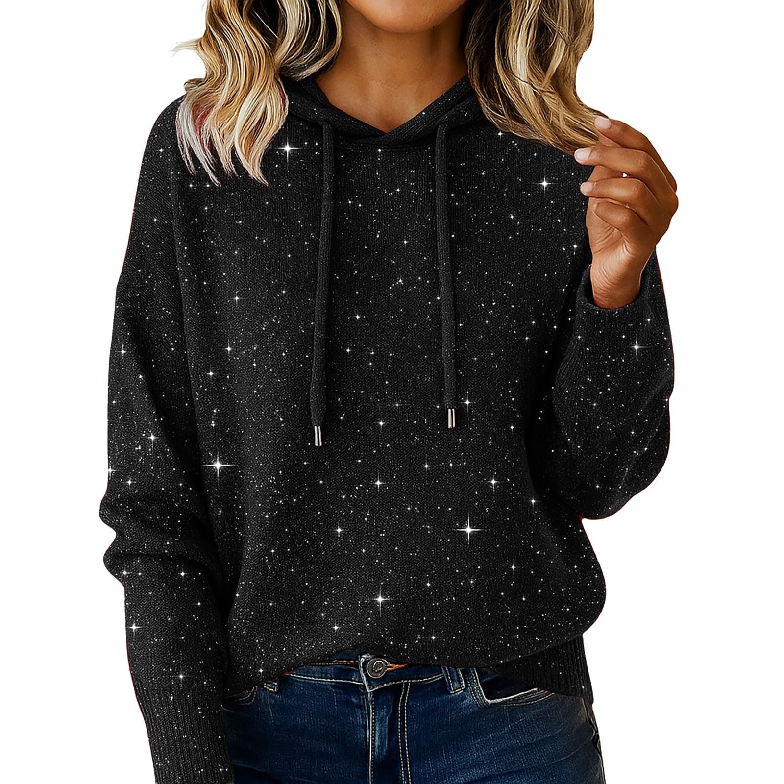 Sequin Hoodies for Women Sparkly Hooded Sweater Cozy Warm Shimmer Glitter Sweaters Shiny Knit Pullover Holiday Tops