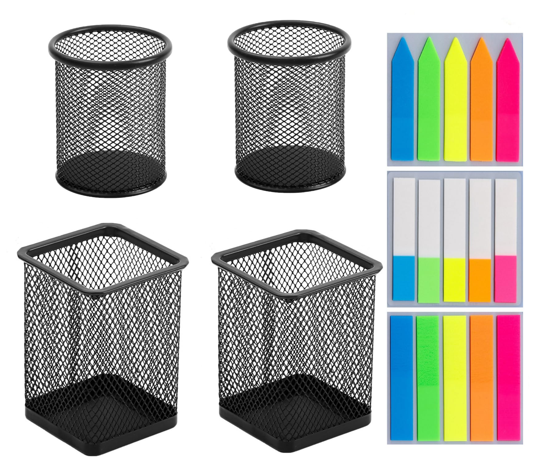 4 soportes para bolígrafos de malla metálica, portalápices de escritorio, soporte para lápices de oficina, de metal, organizador de escritorio, color negro (rondas y cuadros)