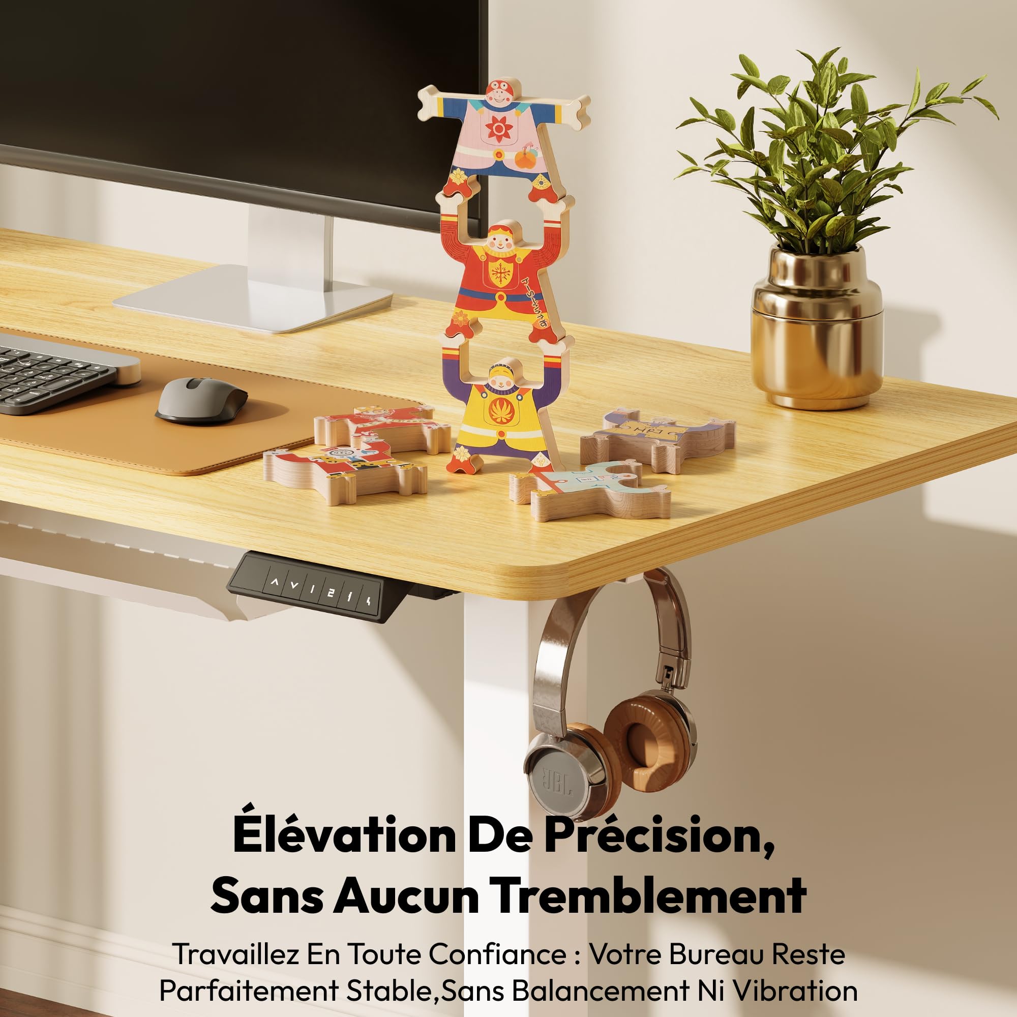 SANODESK Bureau Assis Debout Électrique 140x60 cm, Bureau Réglable en Hauteur Électrique avec Mémoire, Silencieux, Système Anti-Collision, Bureau Électrique Stable, Érable