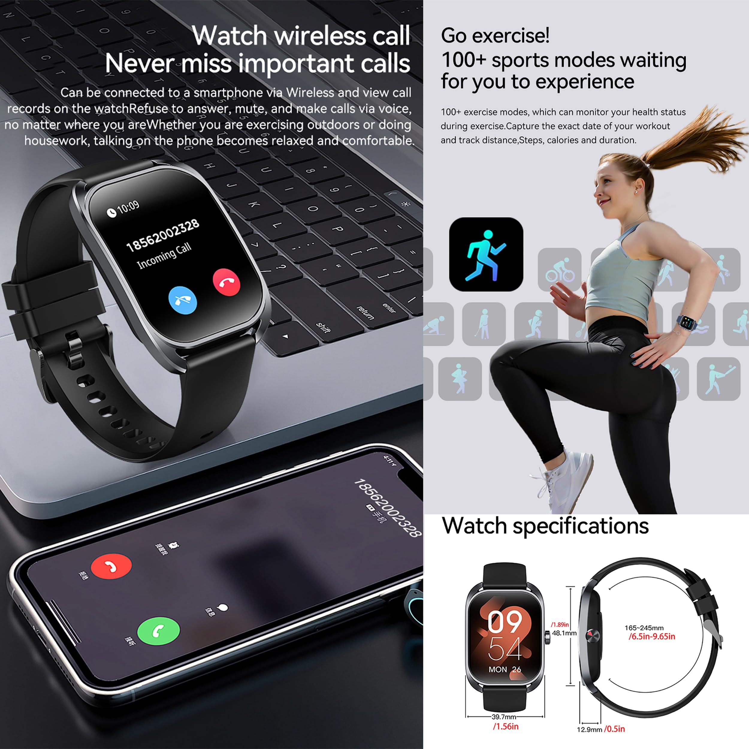2,01" AMOLED Montre Connectée Homme Femme avec Appel Bluetooth, Smartwatch Compatible Samsung Huawei Xiaomi Android iOS Podometre GPS Partagé Montre 123 Sports Cardiofrequencemetre (Noir)