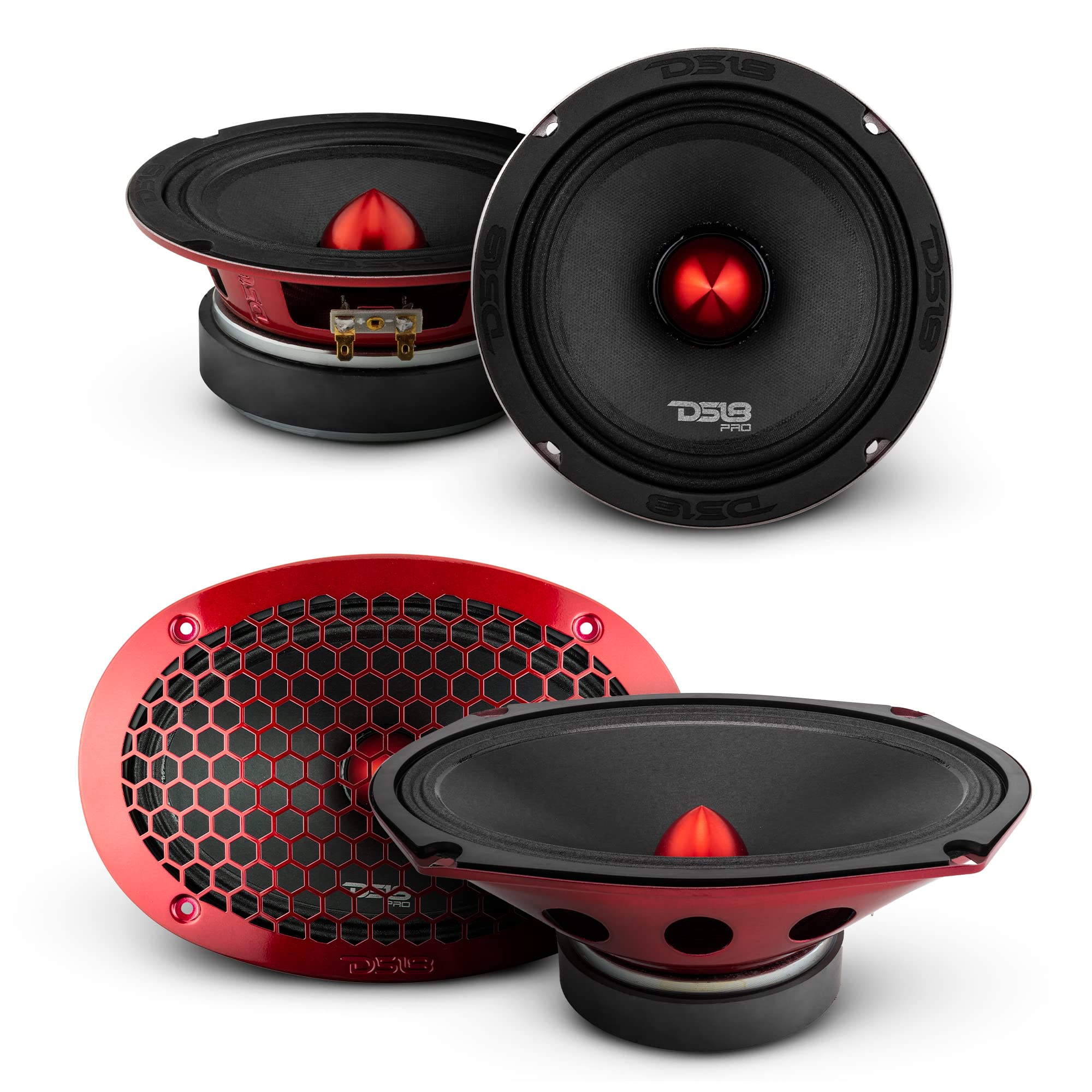DS18 Car Midrange Loudspeakers 2X 6.9 6.5 8 Ohms with Red Aluminum Bullet Replacement Door Speakers for Car, Truck & Motorcycle Stereo Sound System - 4 Speakers