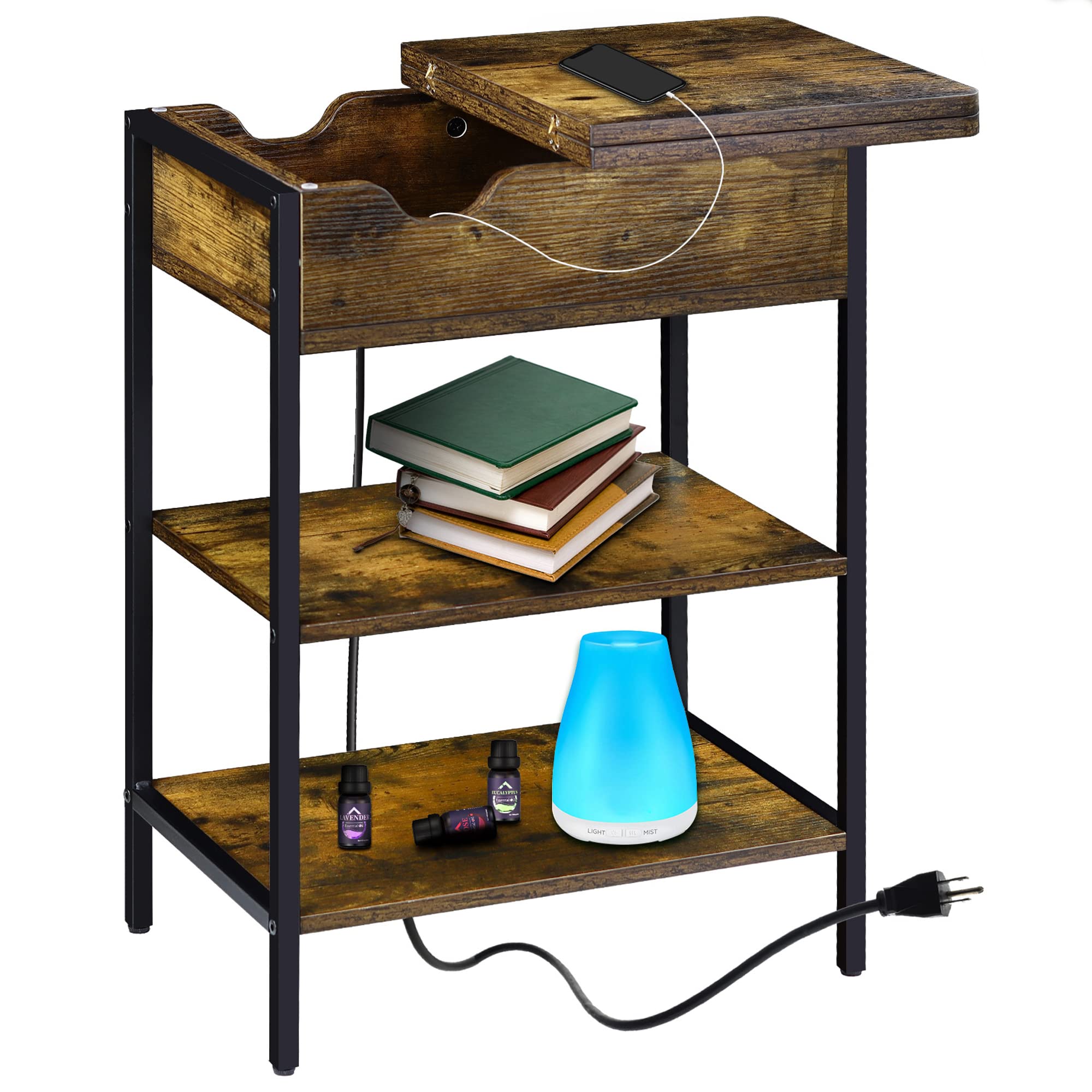 EasyCom End Table with Charging Station, 3 Tier Side Charging Table with USB Ports and Outlets, Bedside Desk for Small Spaces, Flip Top, Open Shelves