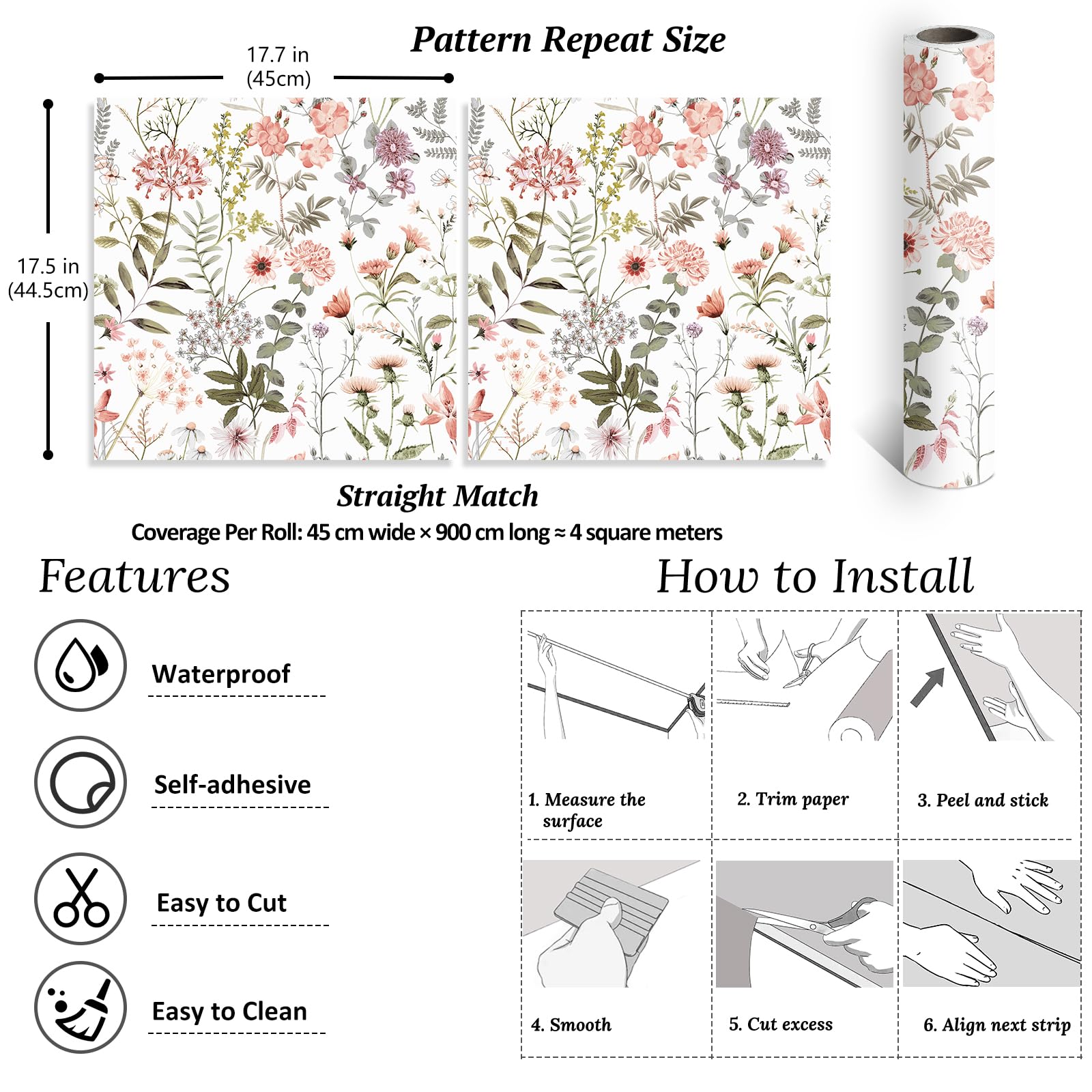 VEELIKE Carta Adesiva Fiori Rosa Bianco 44,5 cm x 900 cm Carta da Parati Foglie Verdi Carta Adesiva per Mobili Fantasia Fotomurali Carta da Parati Autoadesiva per Cameretta Pareti Armadi Rimovibile