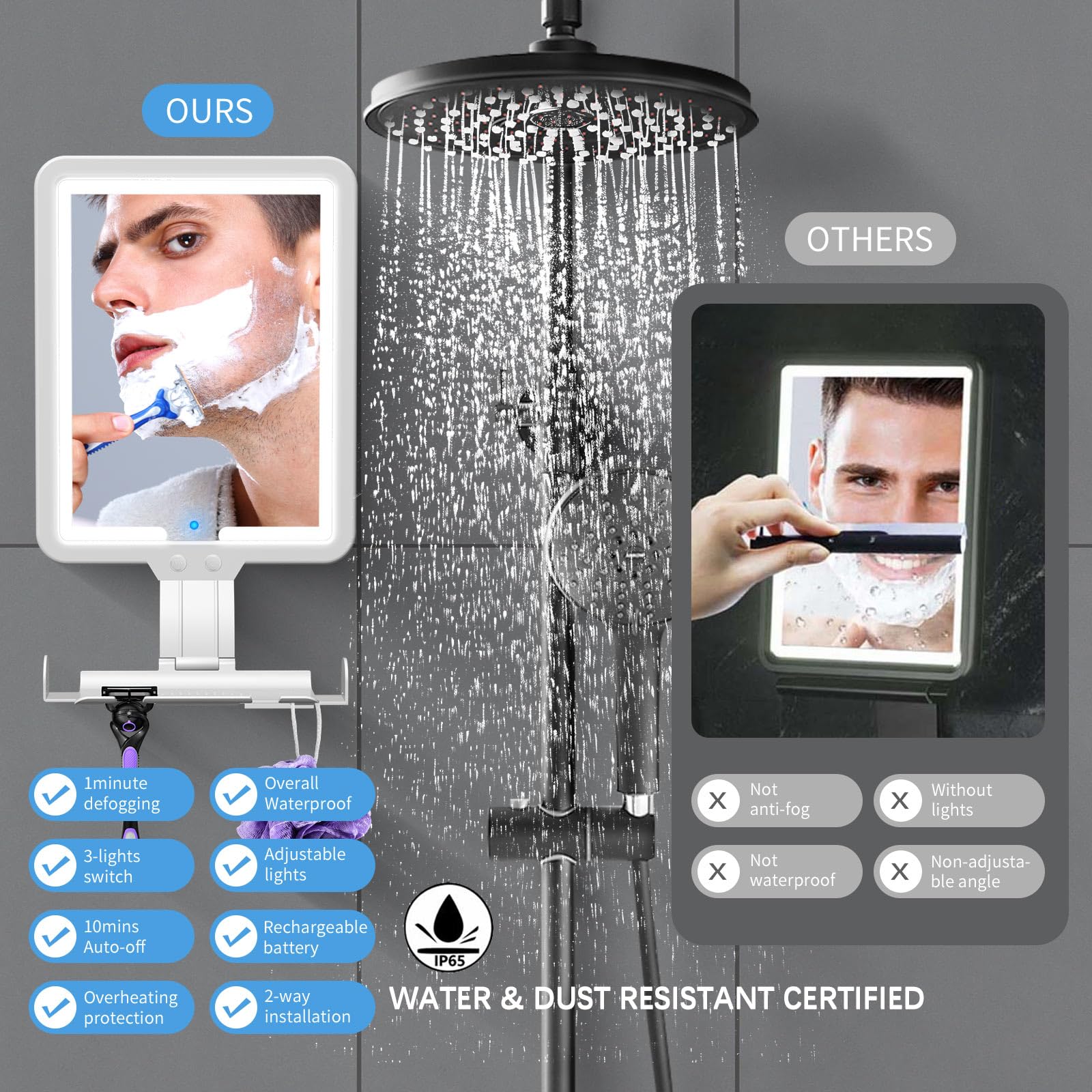 White Heated Fogless Shower Mirror with Dimmable Light
